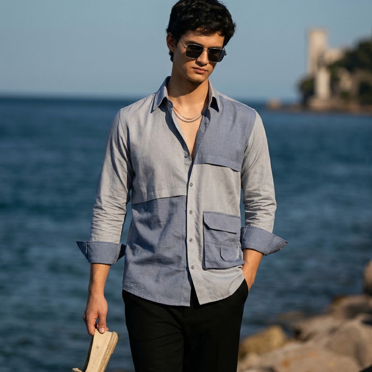 Blue Colorblock Relax Fit Shirt for Men