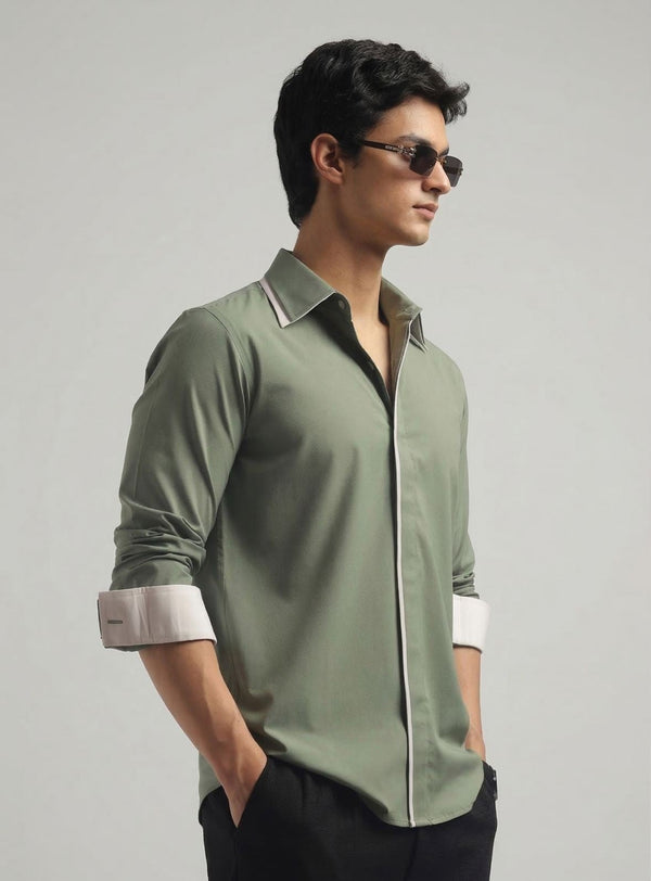 Muted Green Double Collar Shirt for Men