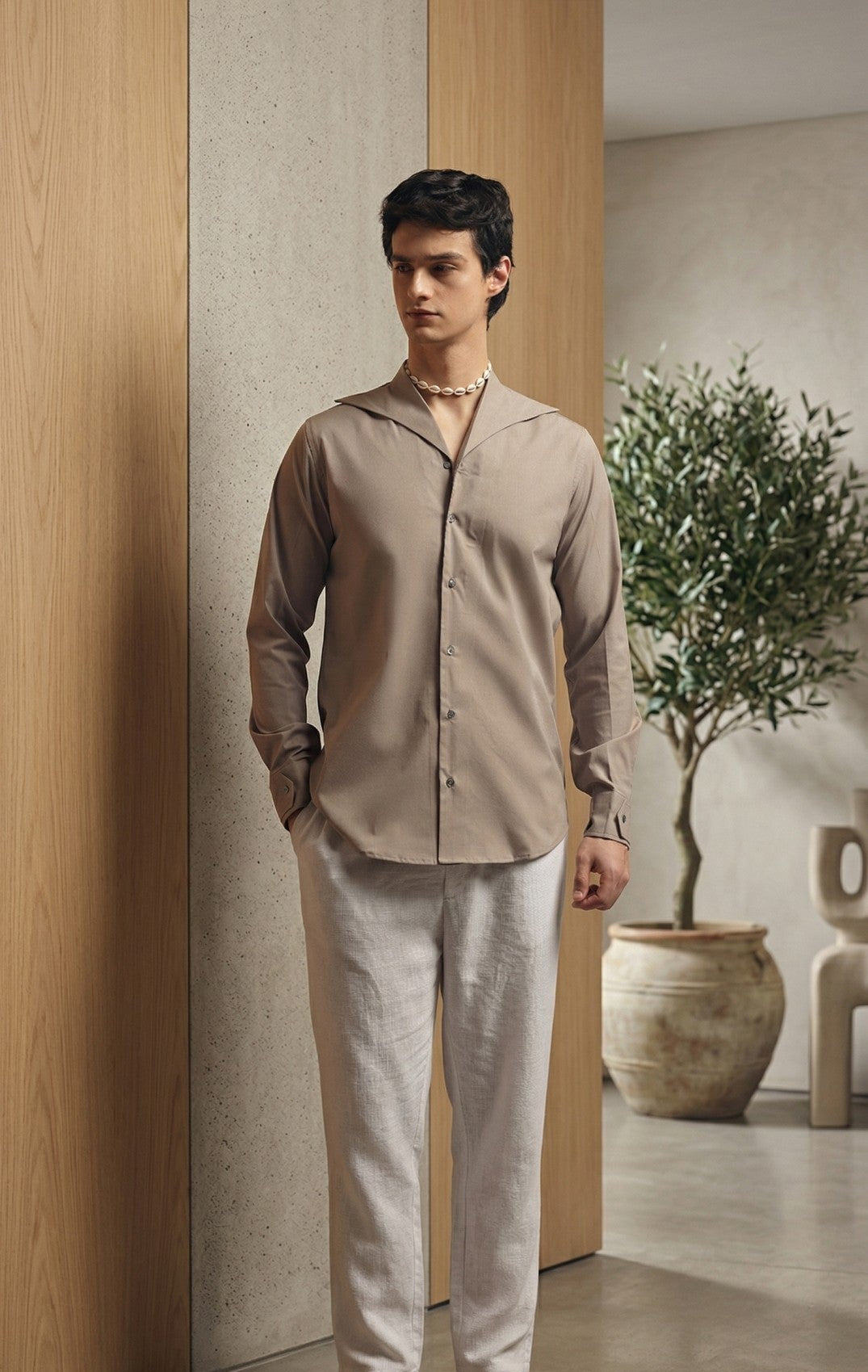 Soft Beige Sailor Collar Shirt