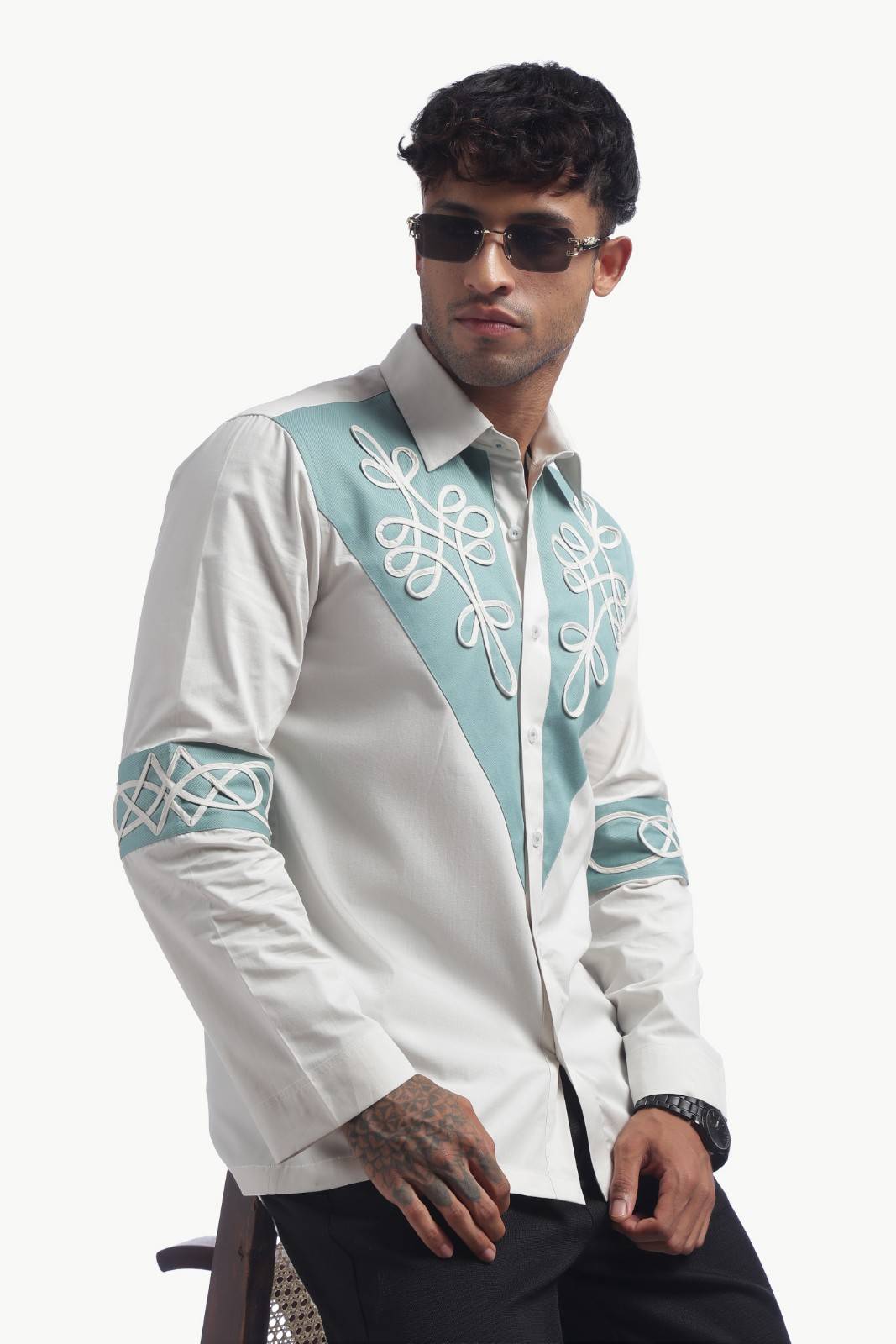Light Grey Colour Block Cording Statement Shirt