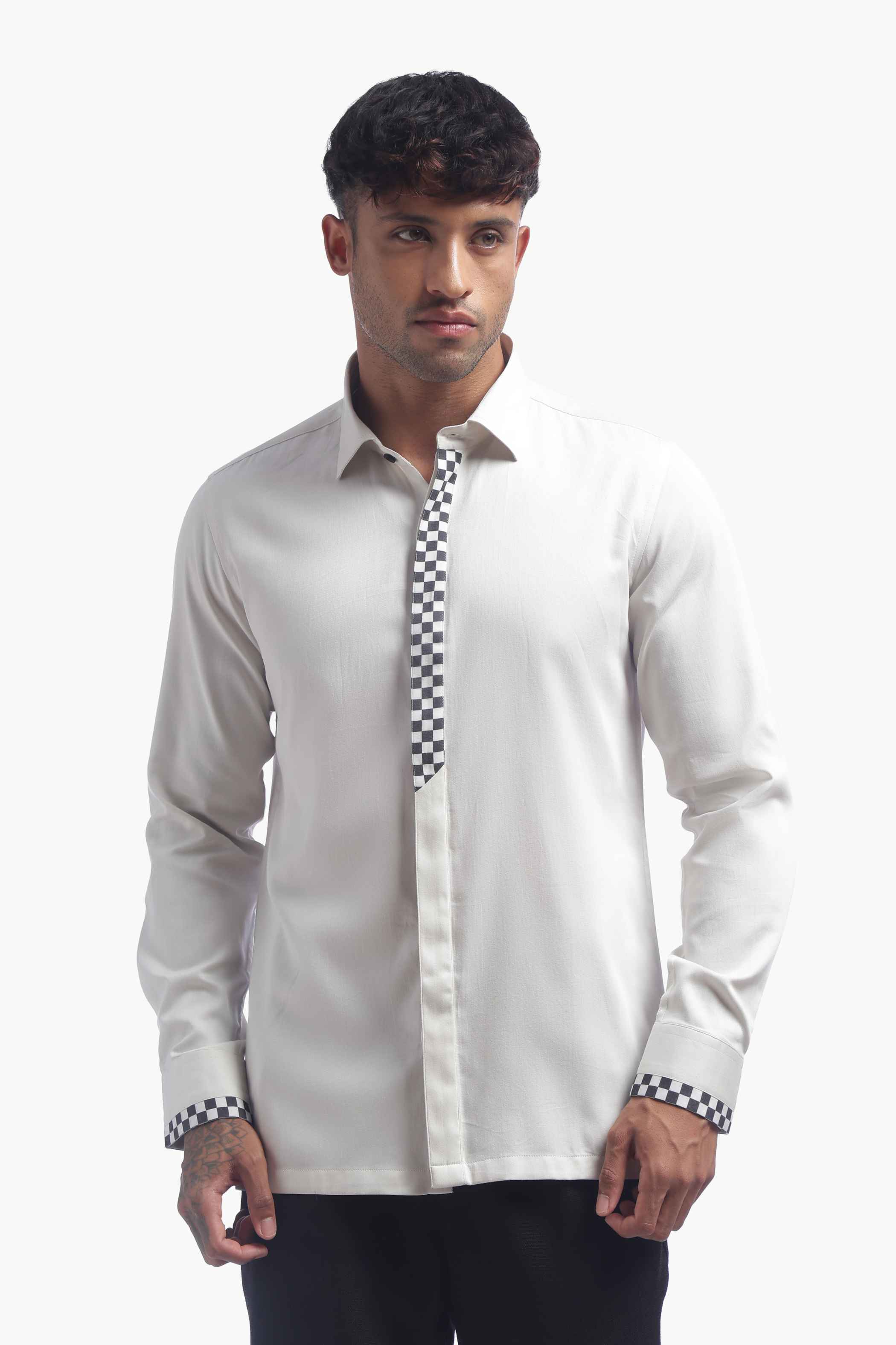 Light Grey Checks Detail Placket Shirt