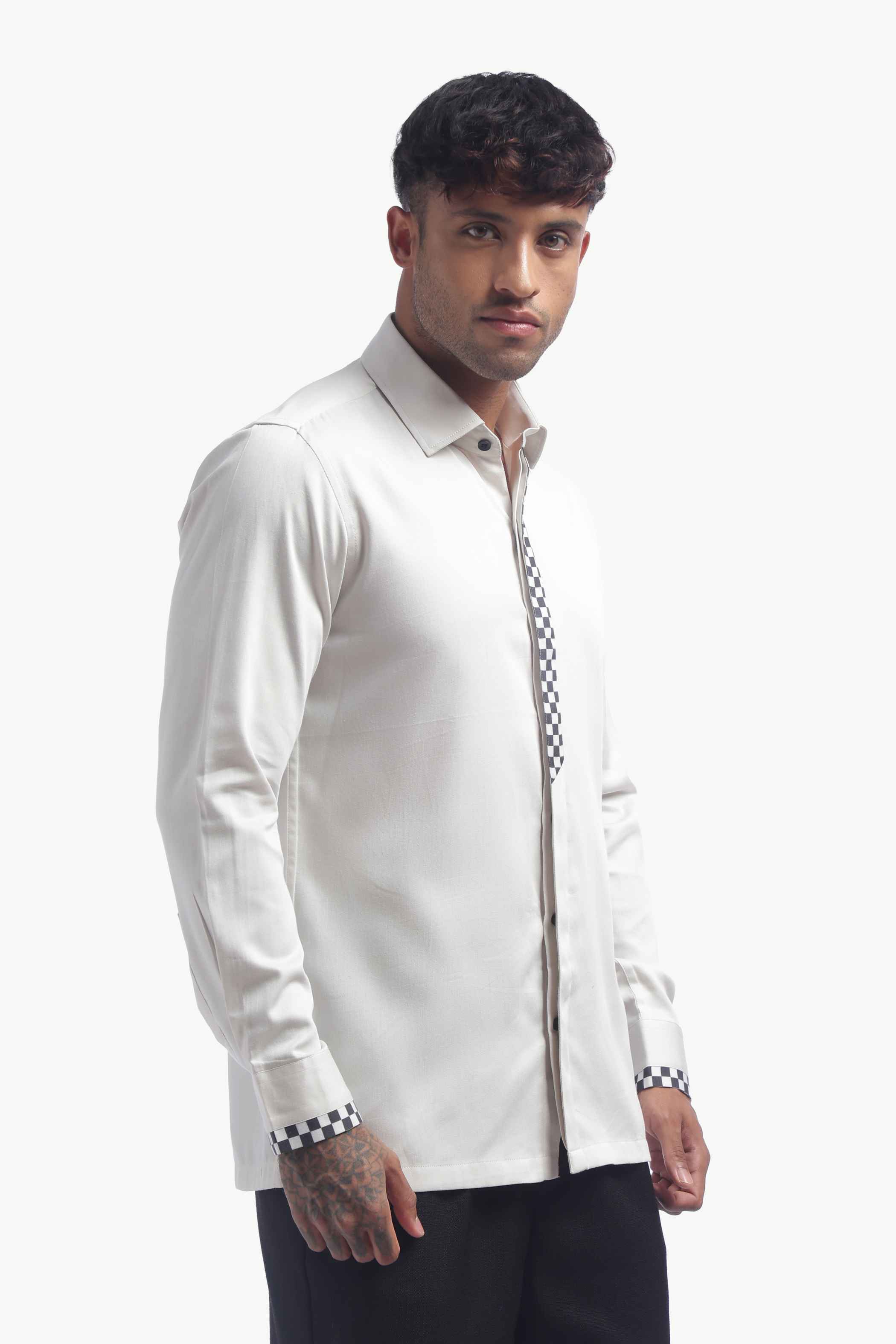 Light Grey Checks Detail Placket Shirt