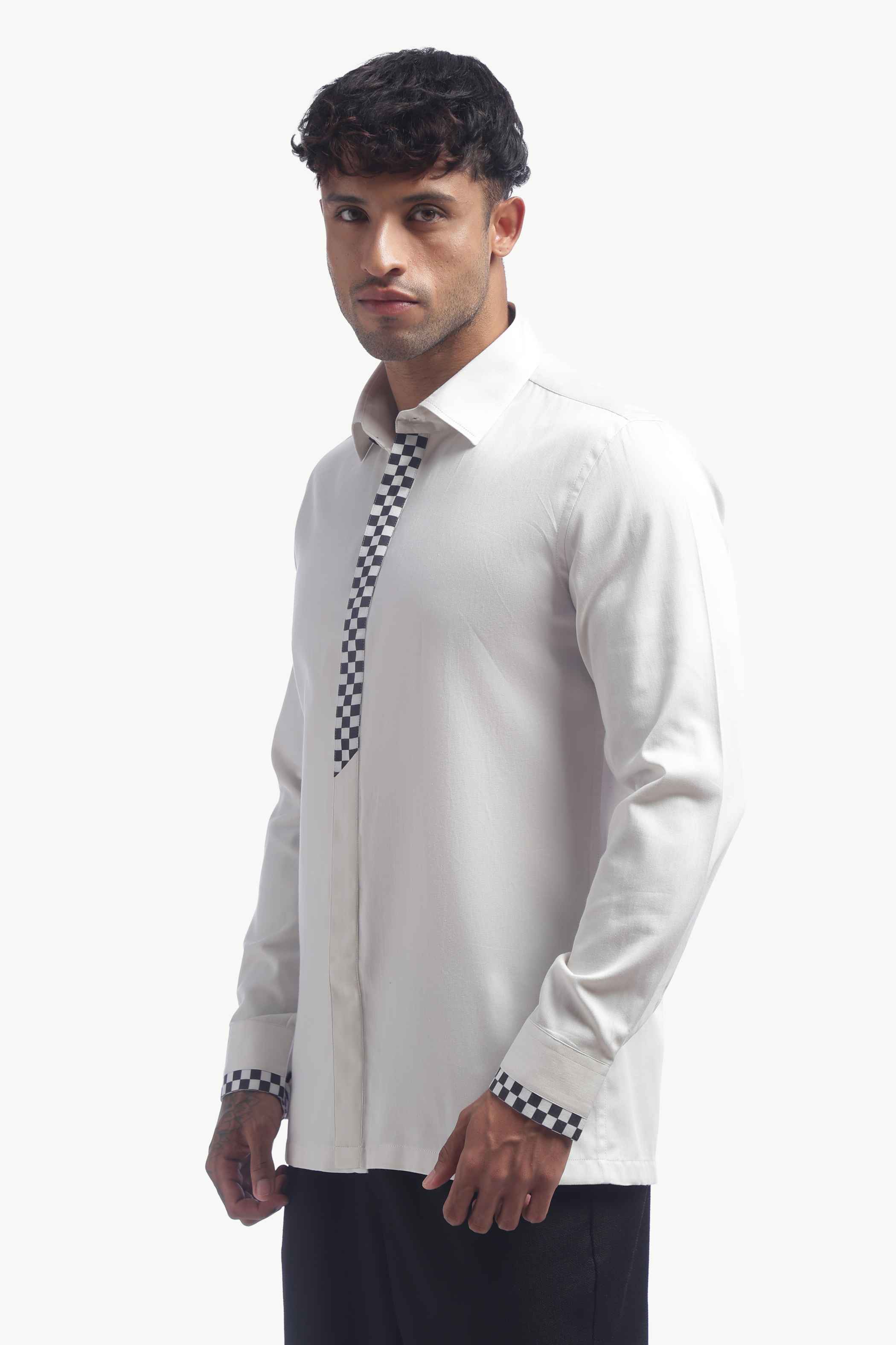 Light Grey Checks Detail Placket Shirt