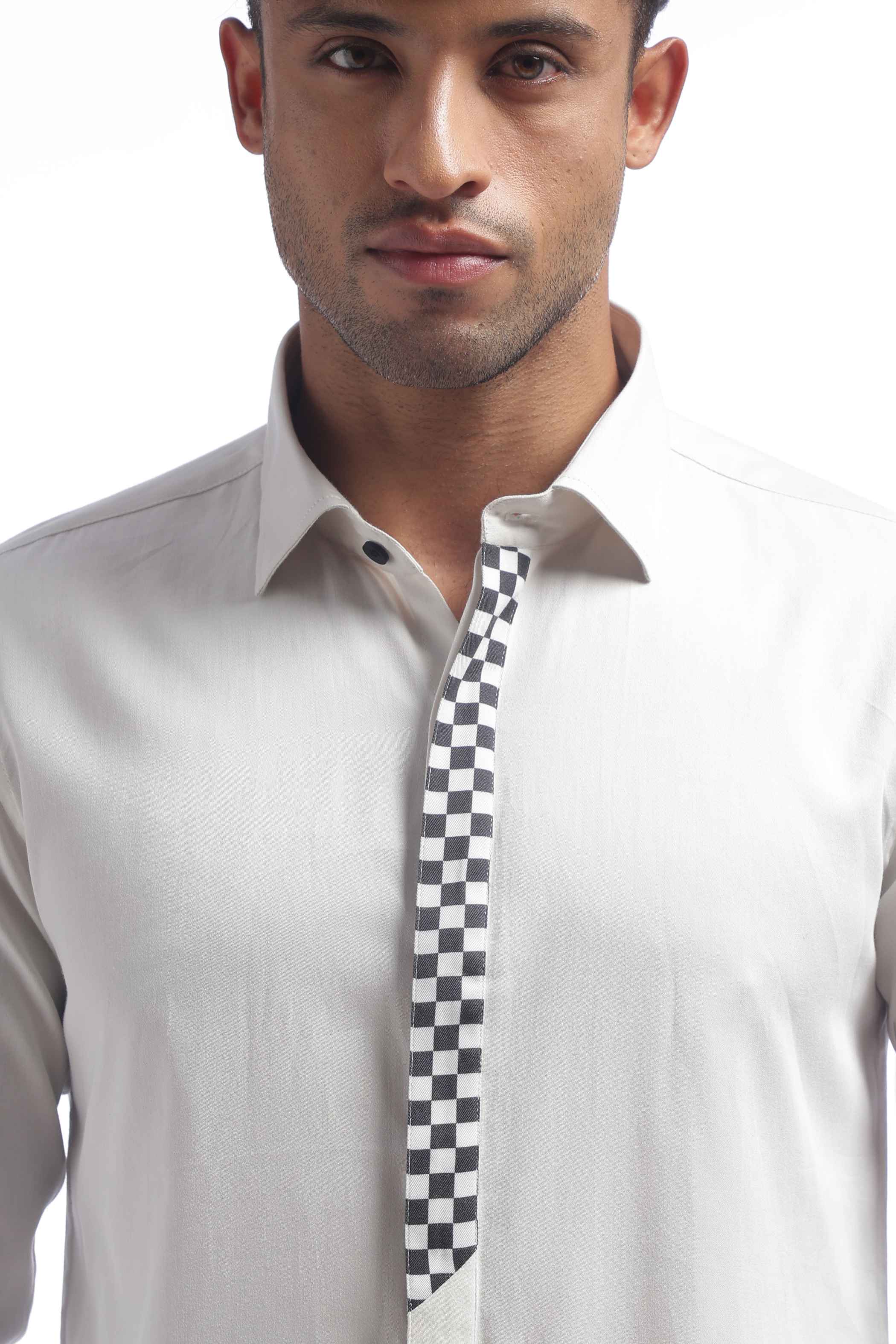 Light Grey Checks Detail Placket Shirt