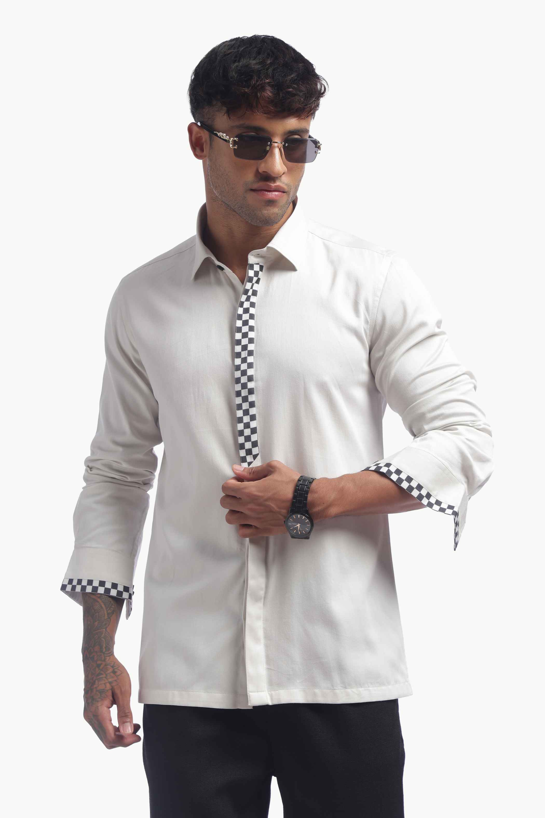 Light Grey Checks Detail Placket Shirt