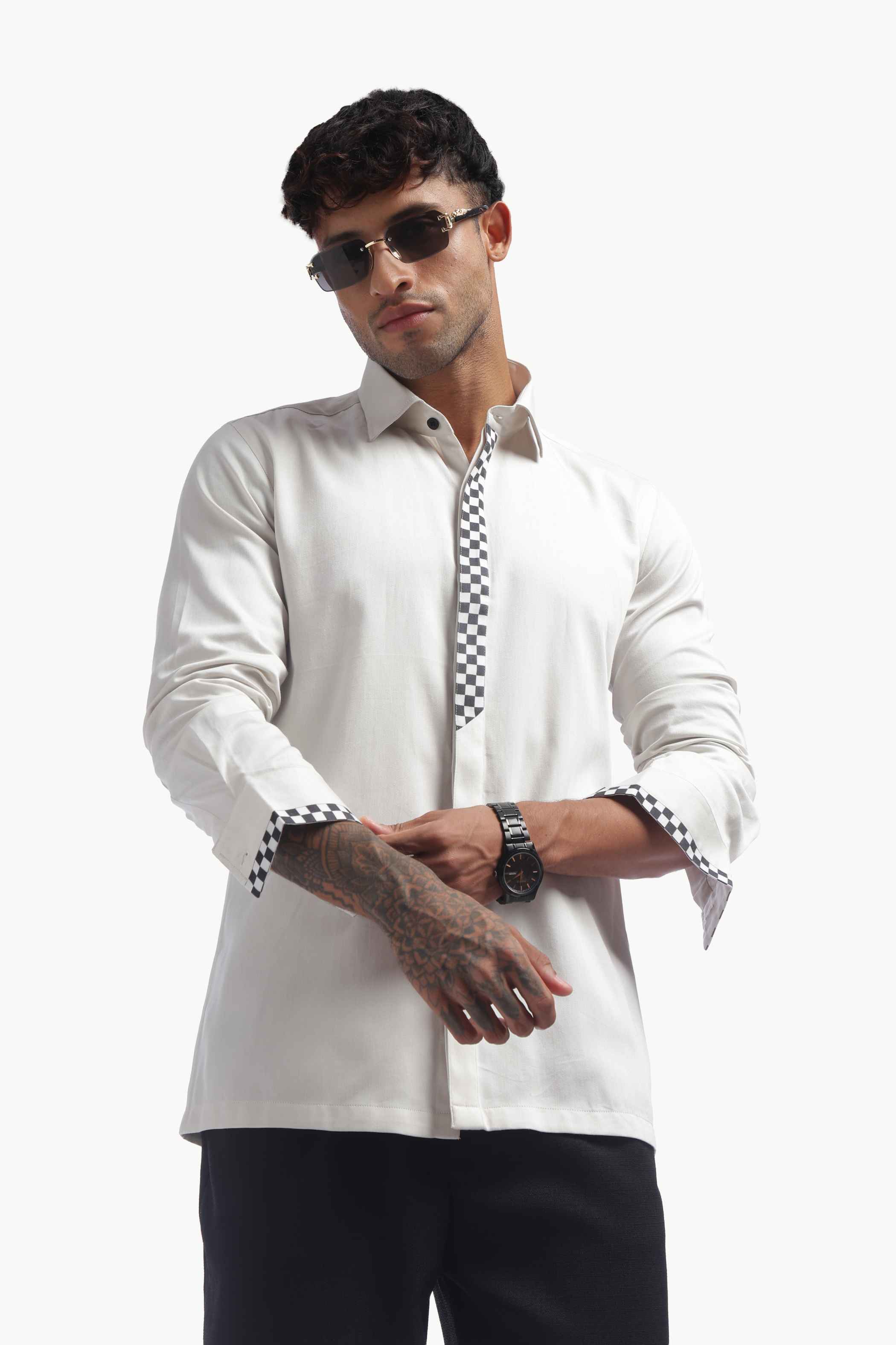 Light Grey Checks Detail Placket Shirt