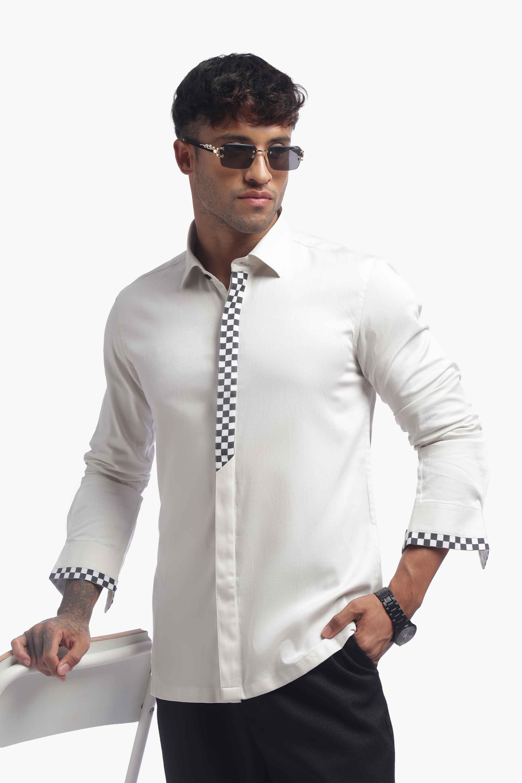 Light Grey Checks Detail Placket Shirt