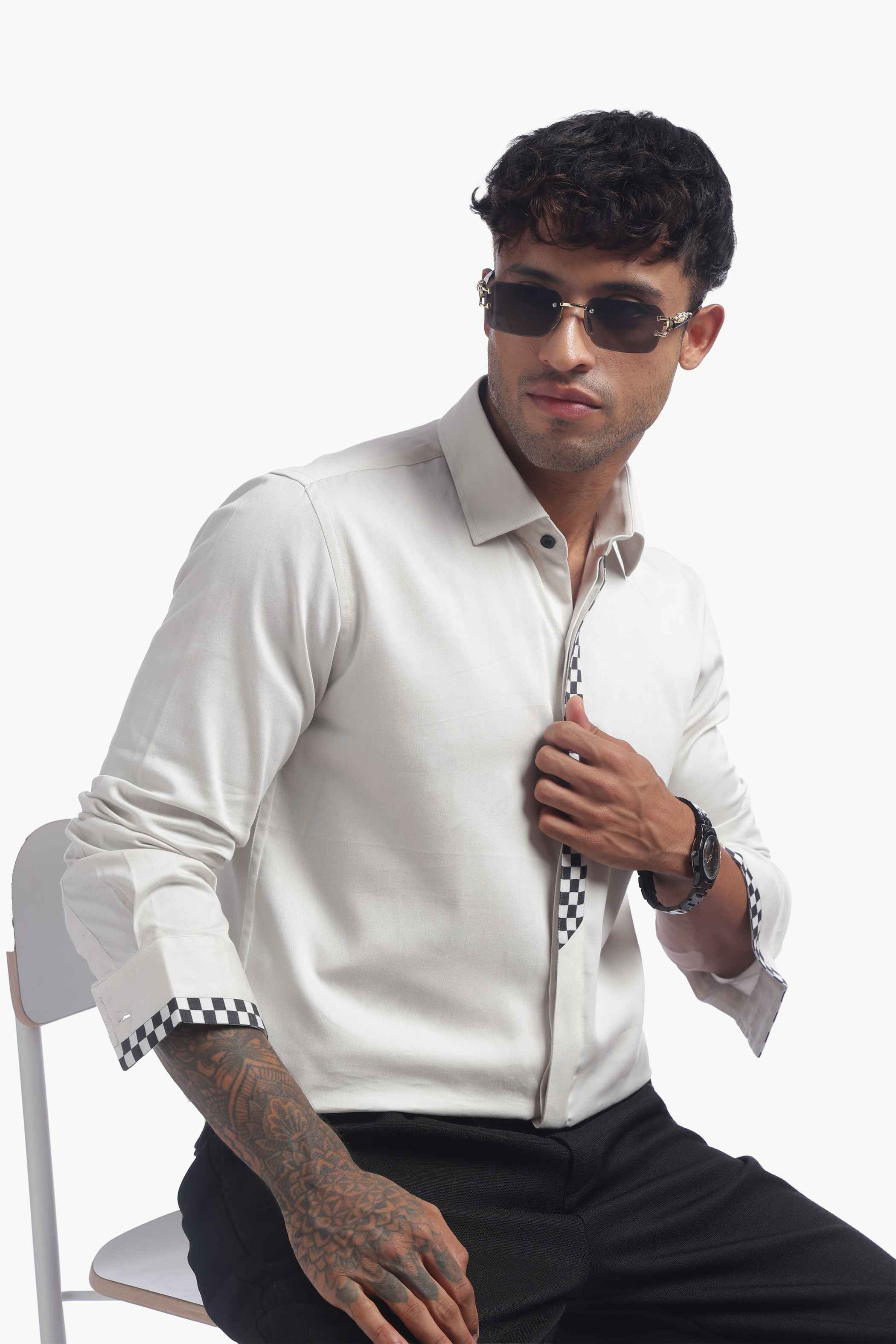Light Grey Checks Detail Placket Shirt