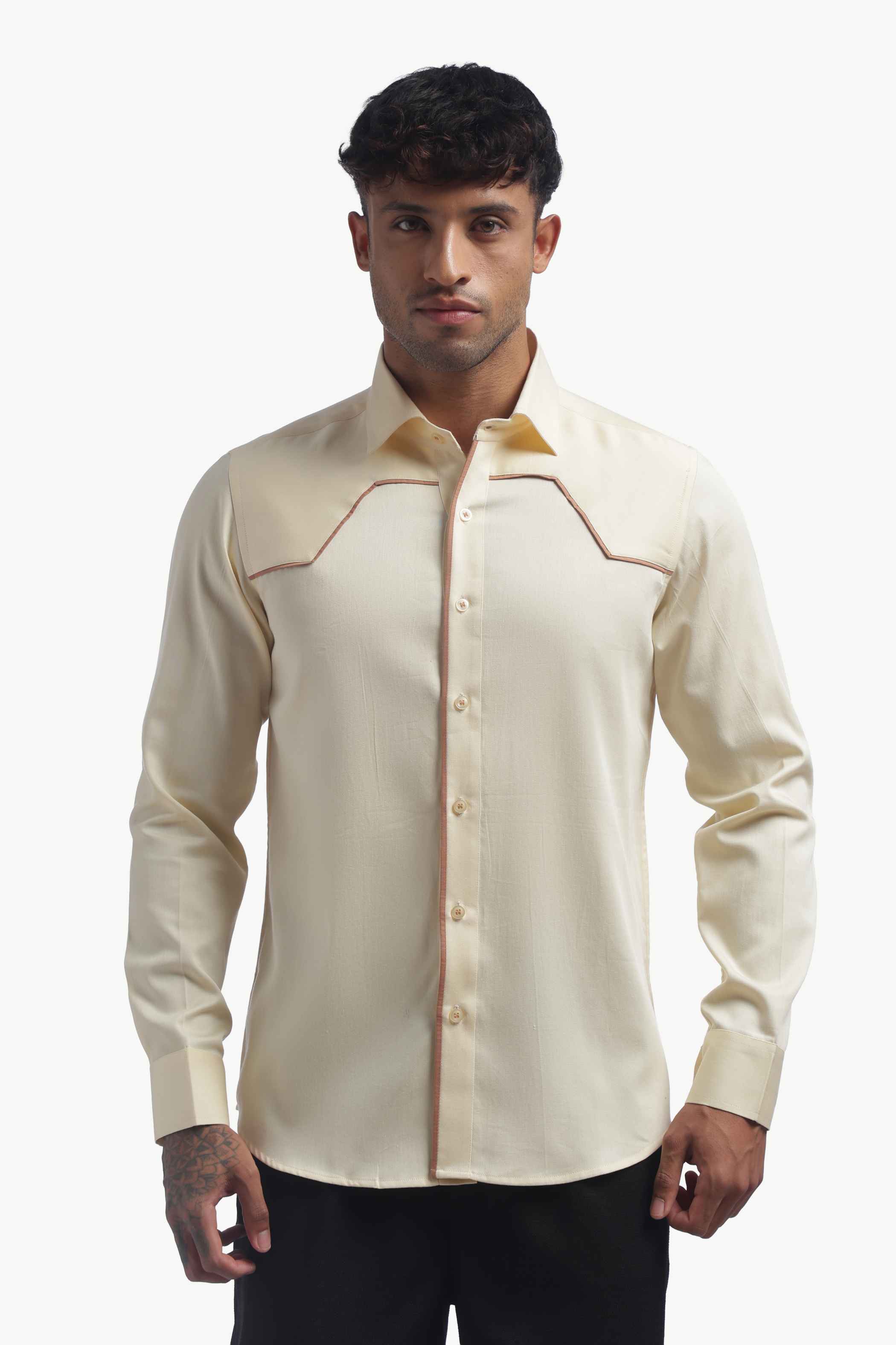 Cream Shirt With Brown Piping Detail