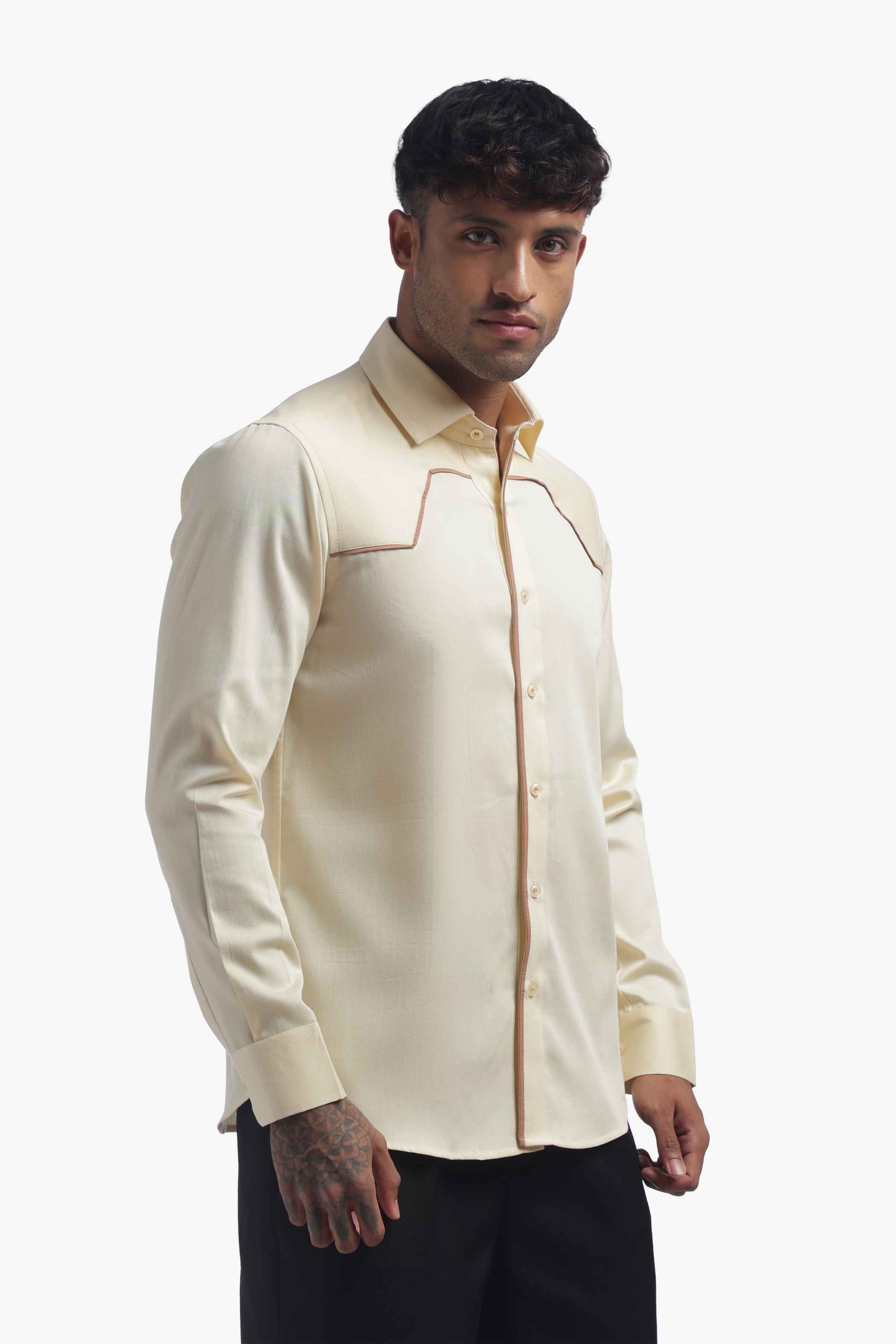Cream Shirt With Brown Piping Detail
