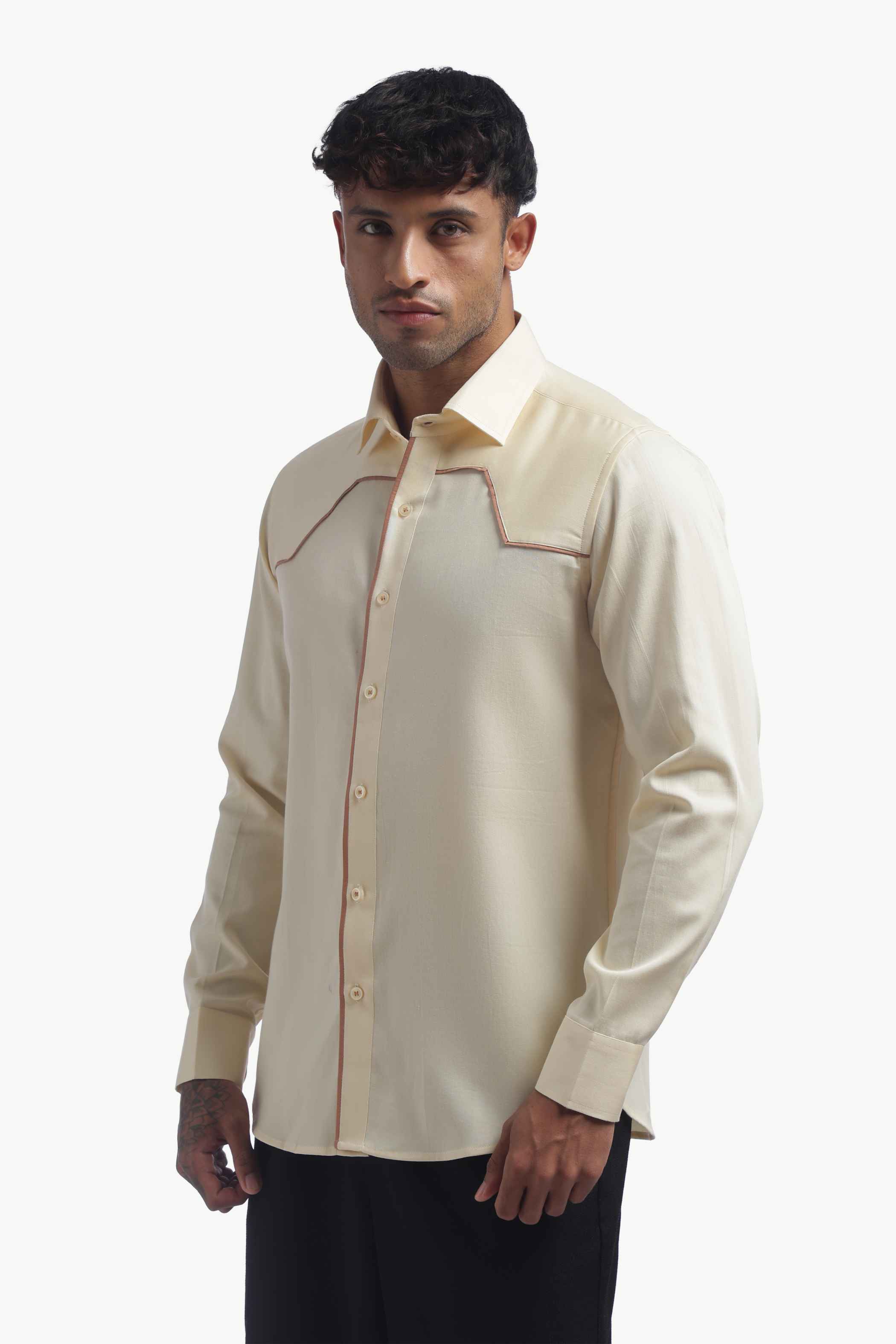Cream Shirt With Brown Piping Detail