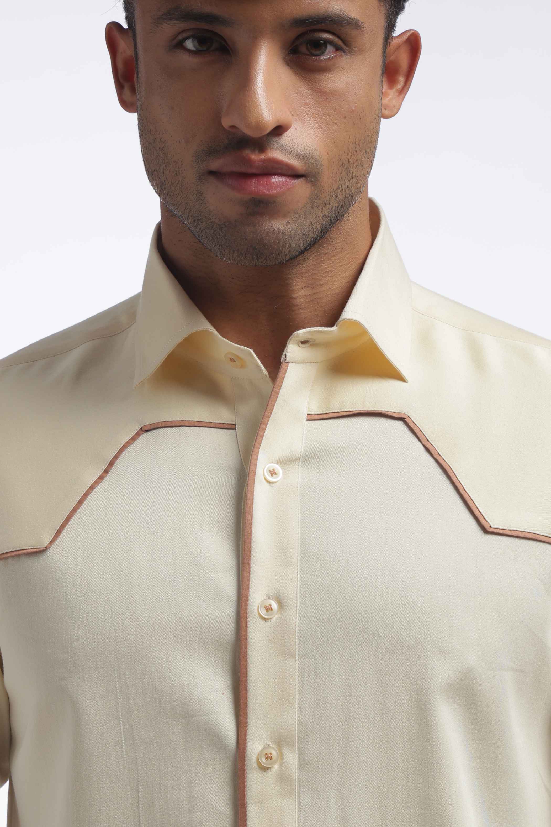 Cream Shirt With Brown Piping Detail