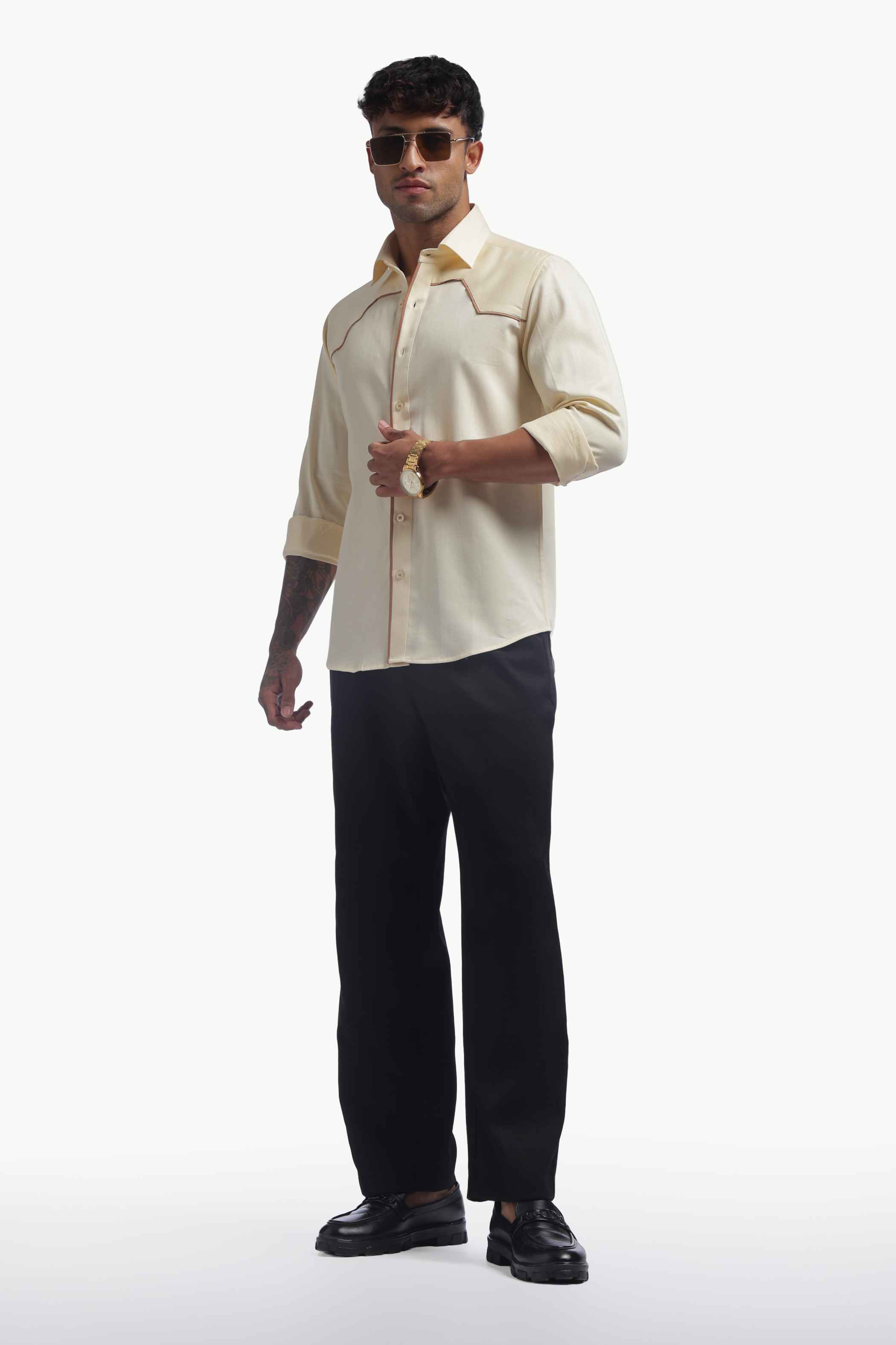 Cream Shirt With Brown Piping Detail