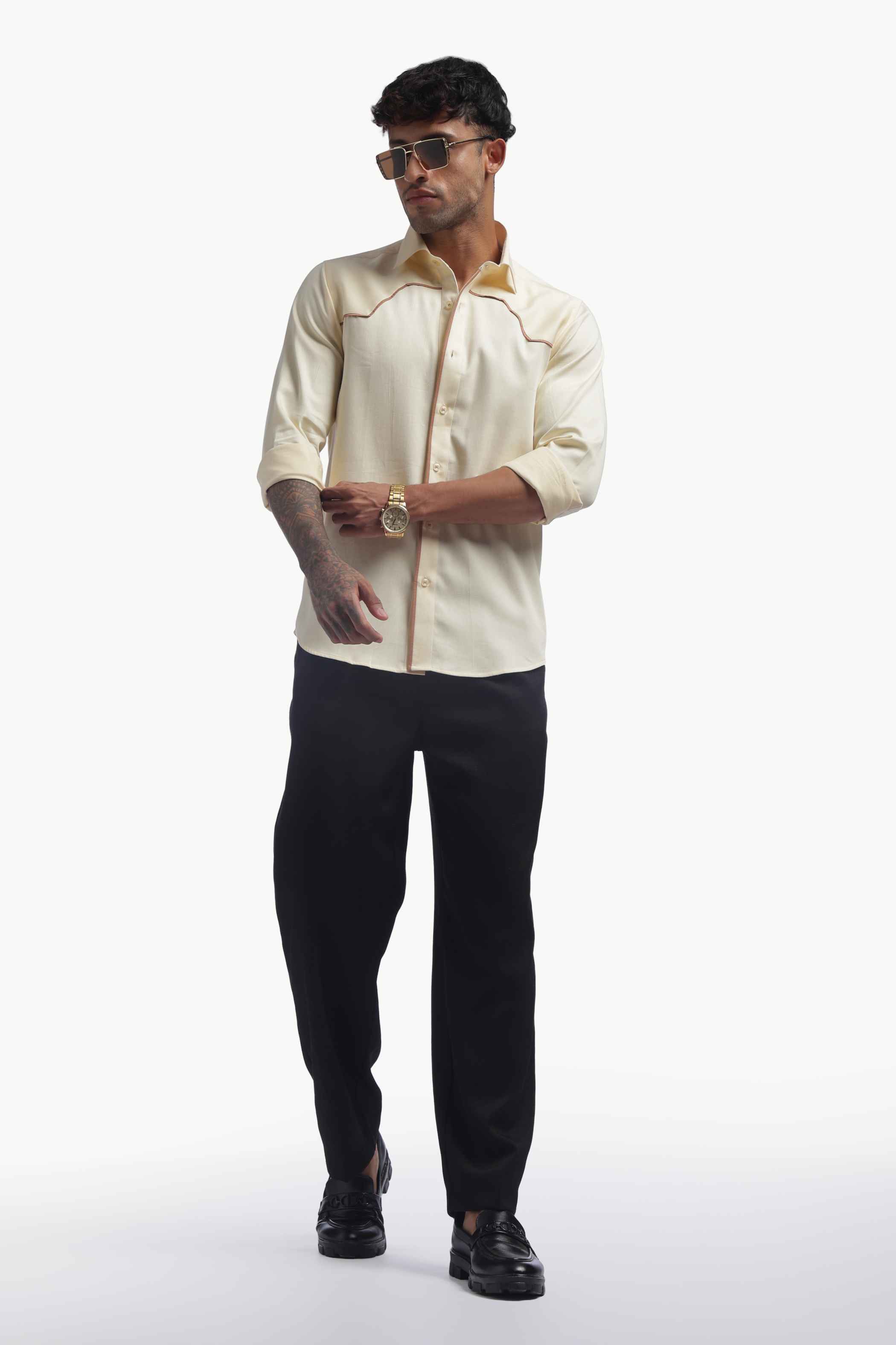 Cream Shirt With Brown Piping Detail