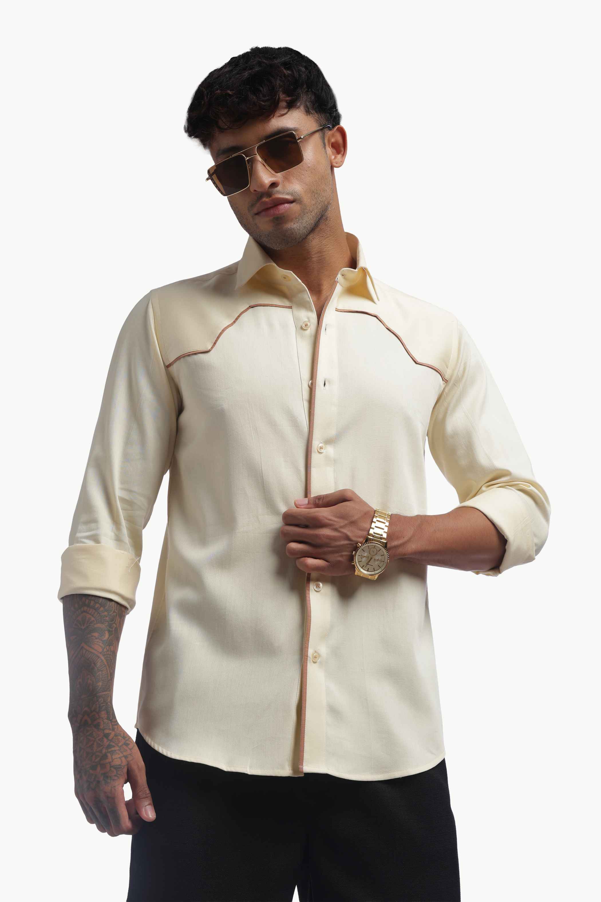 Cream Shirt With Brown Piping Detail