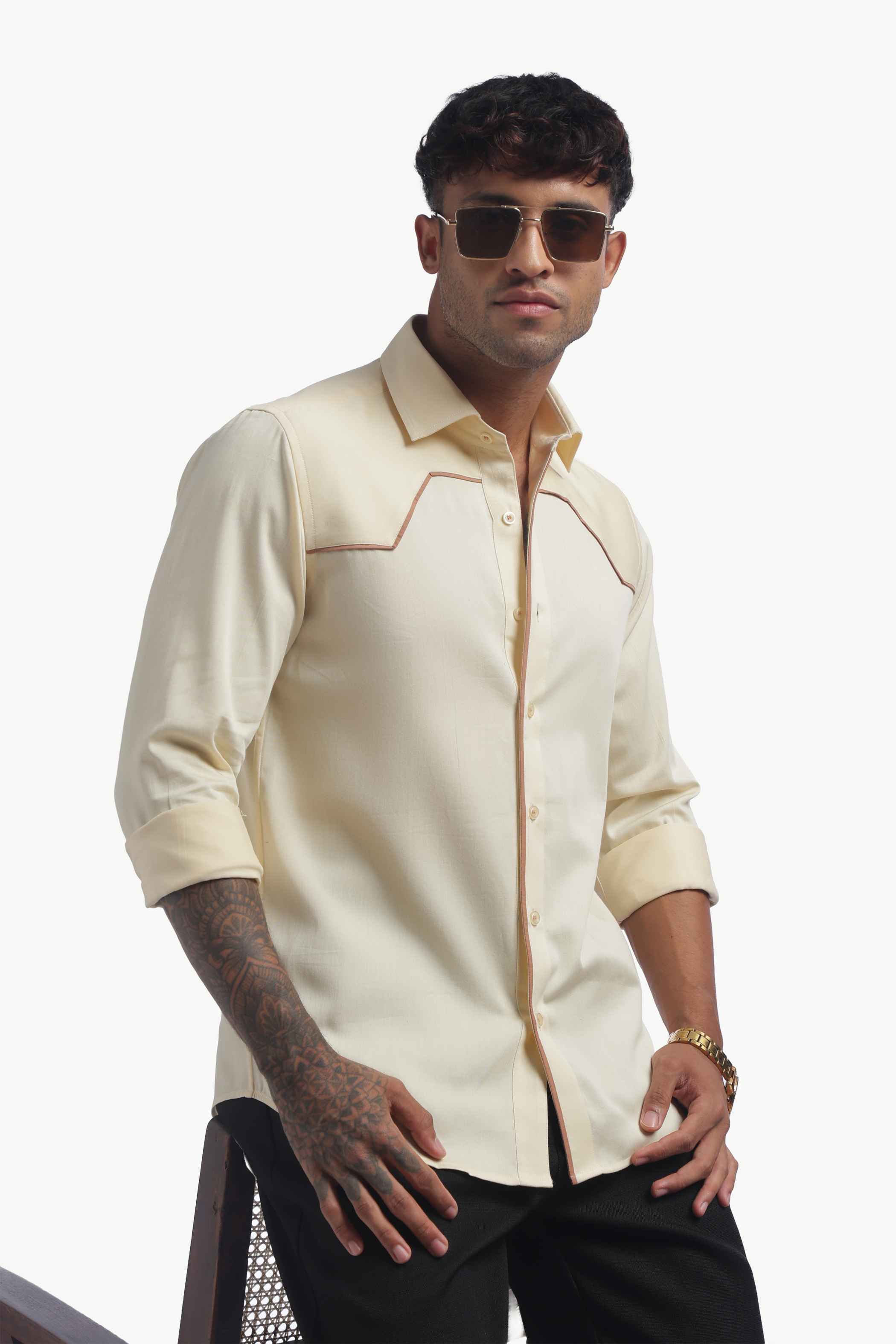 Cream Shirt With Brown Piping Detail