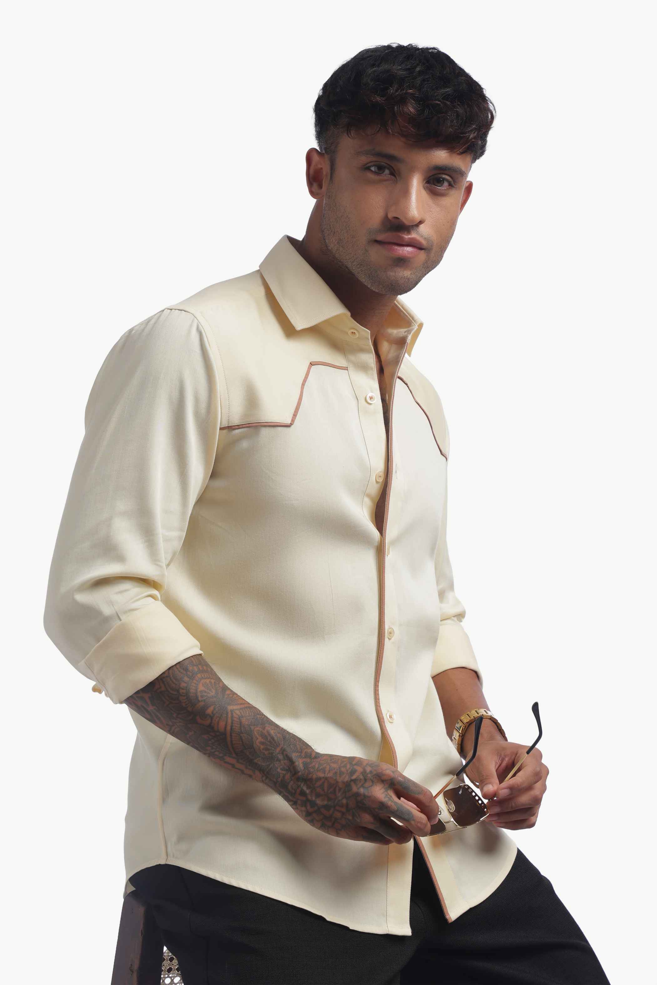 Cream Shirt With Brown Piping Detail