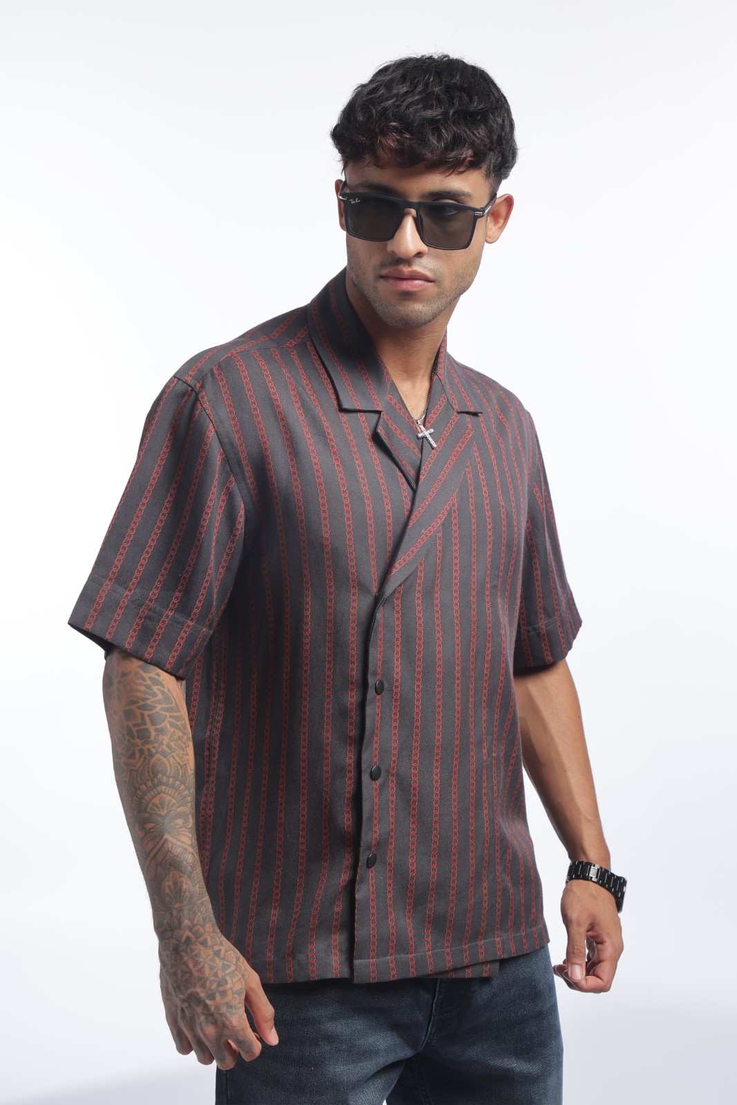 Charcoal Black Chain Print Baggy Shirt