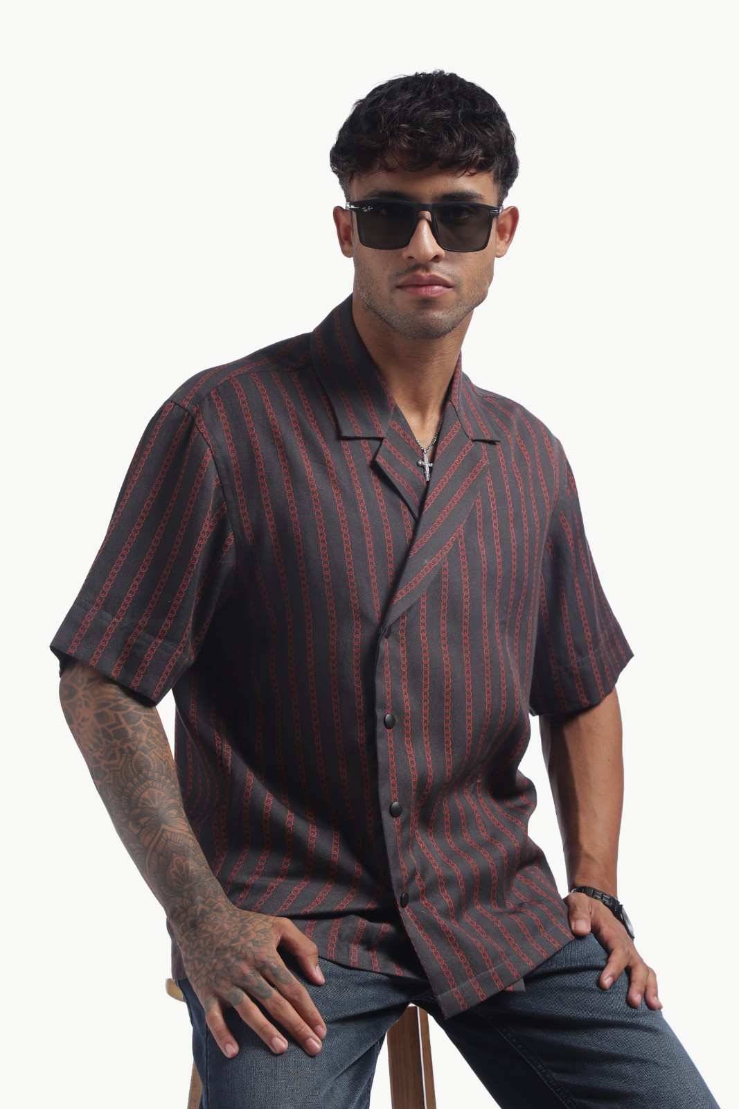 Charcoal Black Chain Print Baggy Shirt