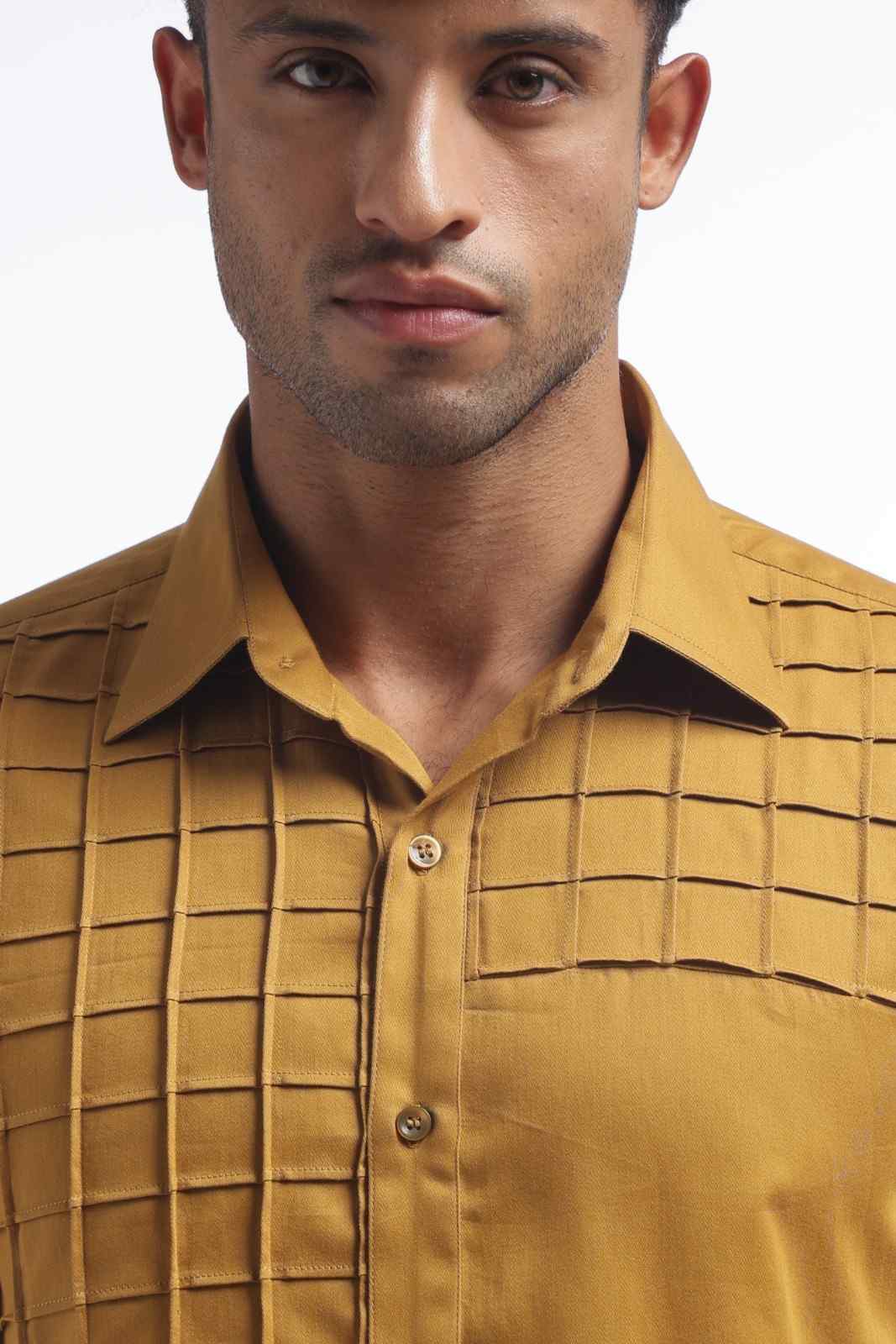 Yellow Ochre Pintucks Men's Solid Shirts