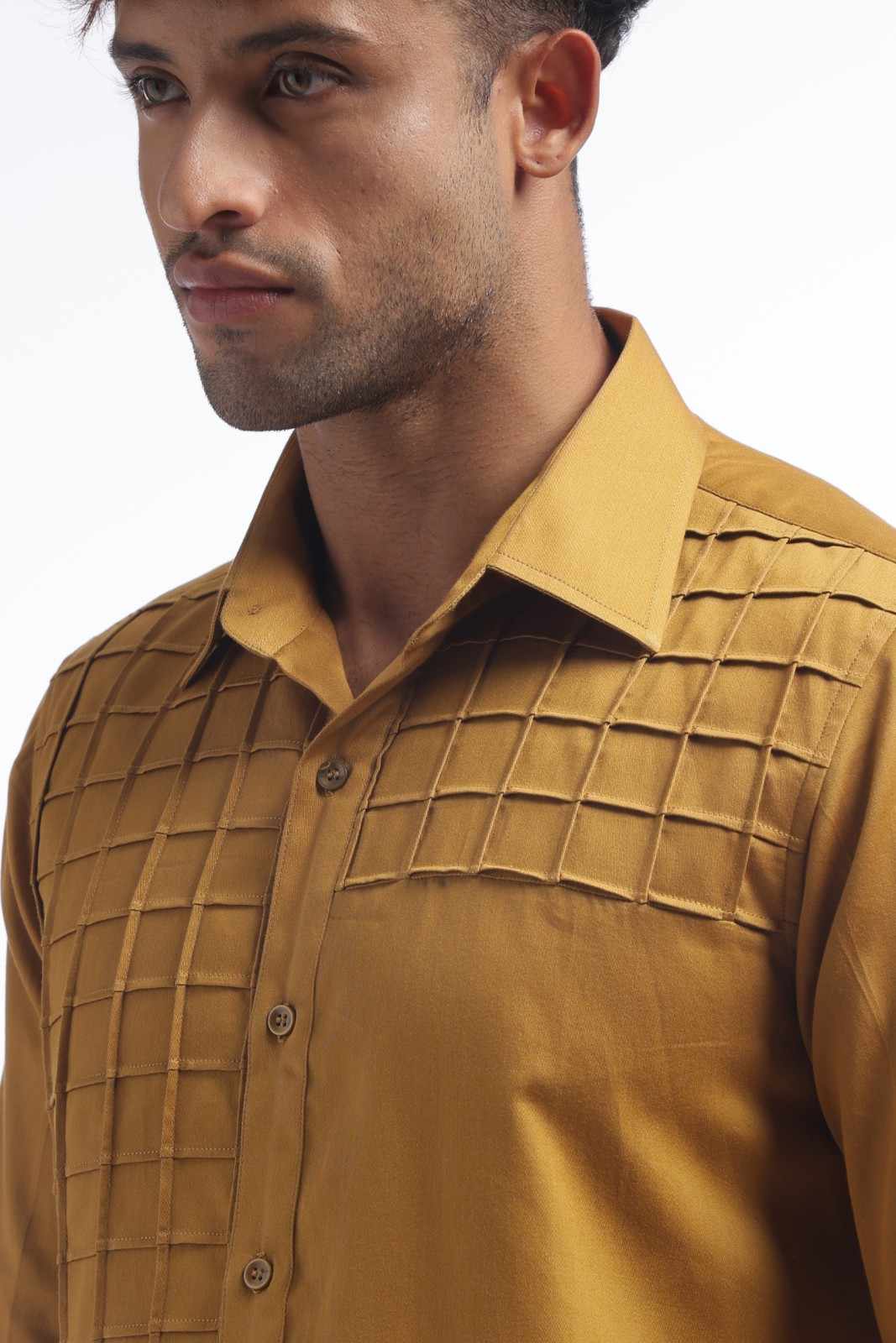 Yellow Ochre Pintucks Men's Solid Shirt
