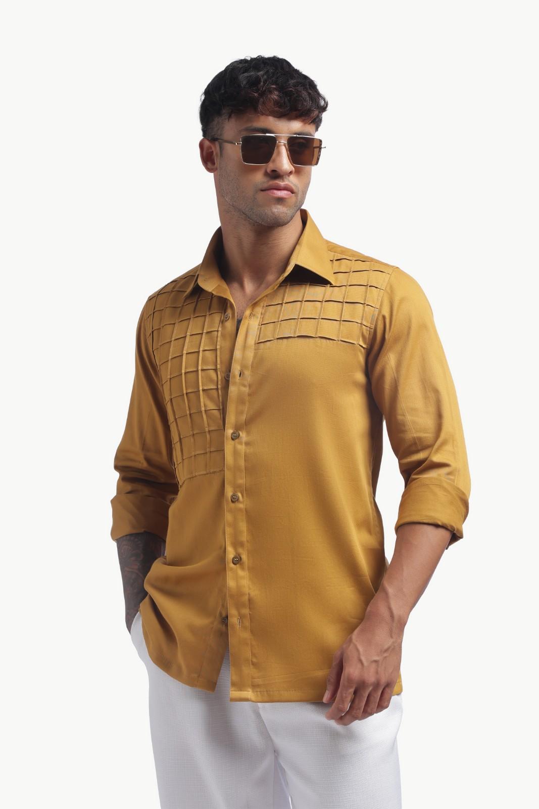Yellow Ochre Pintucks Men's Solid Shirts