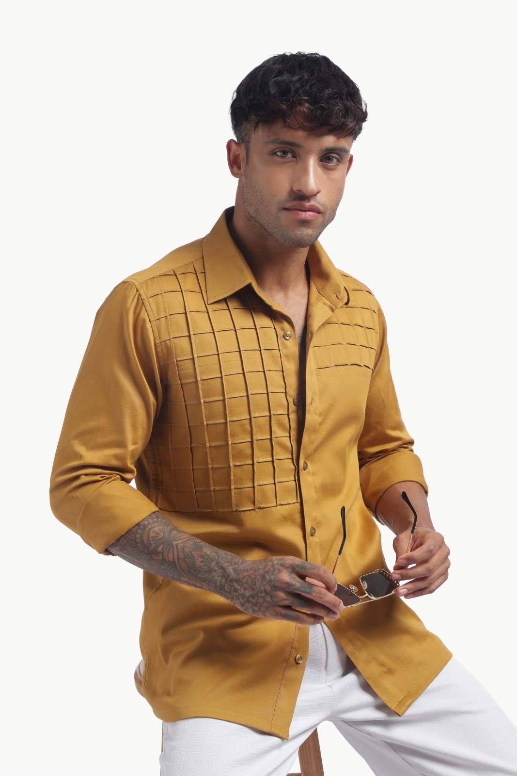 Yellow Ochre Pintucks Men's Solid Shirt