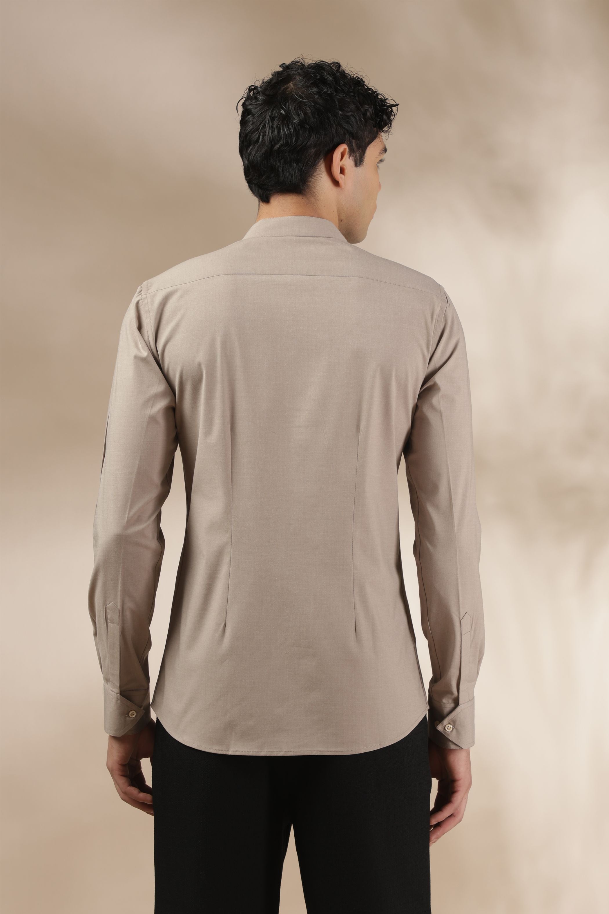 Soft Beige Muscle Fit Chinese Collar Shirt