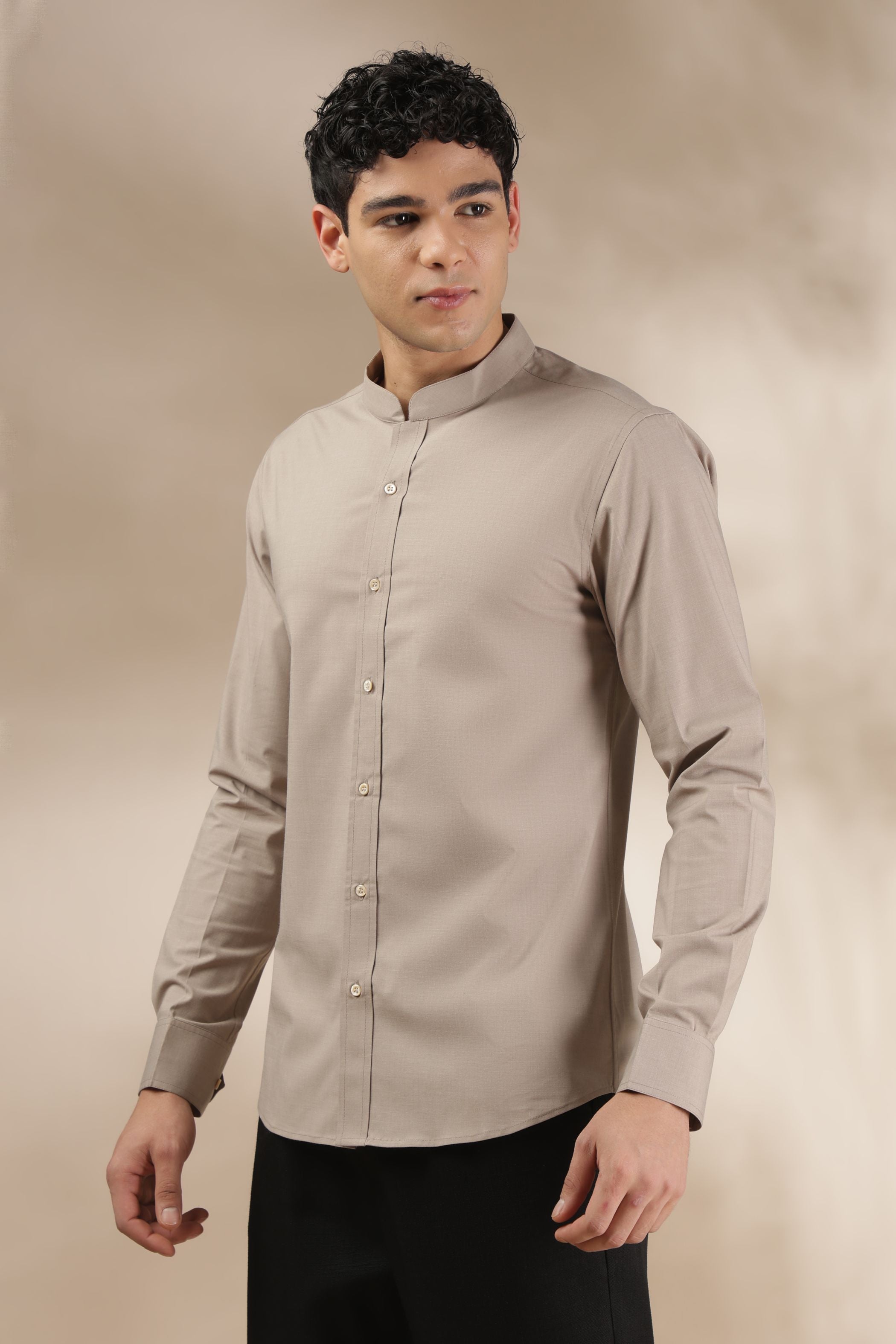 Soft Beige Muscle Fit Chinese Collar Shirt