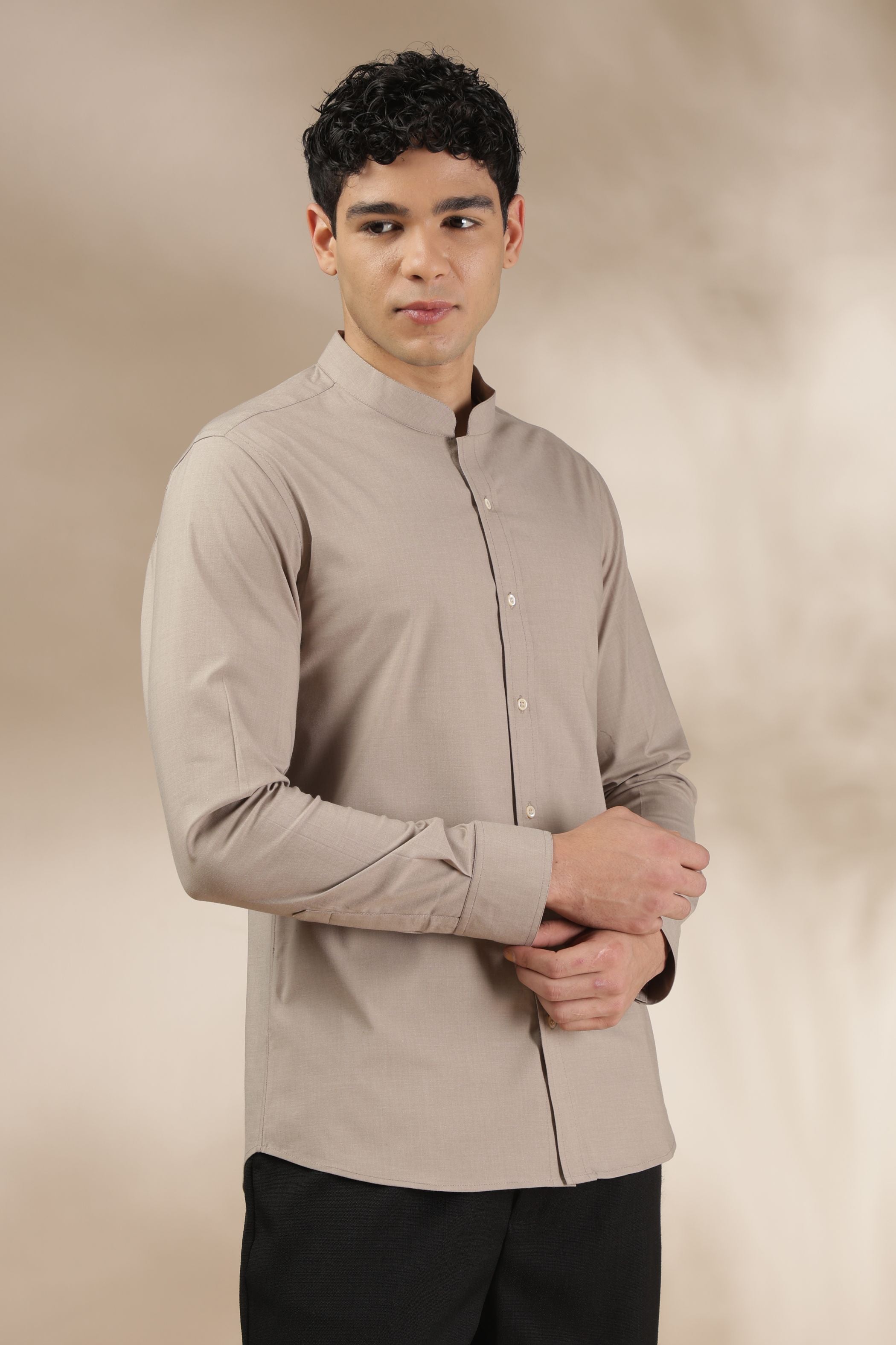 Soft Beige Muscle Fit Chinese Collar Shirt