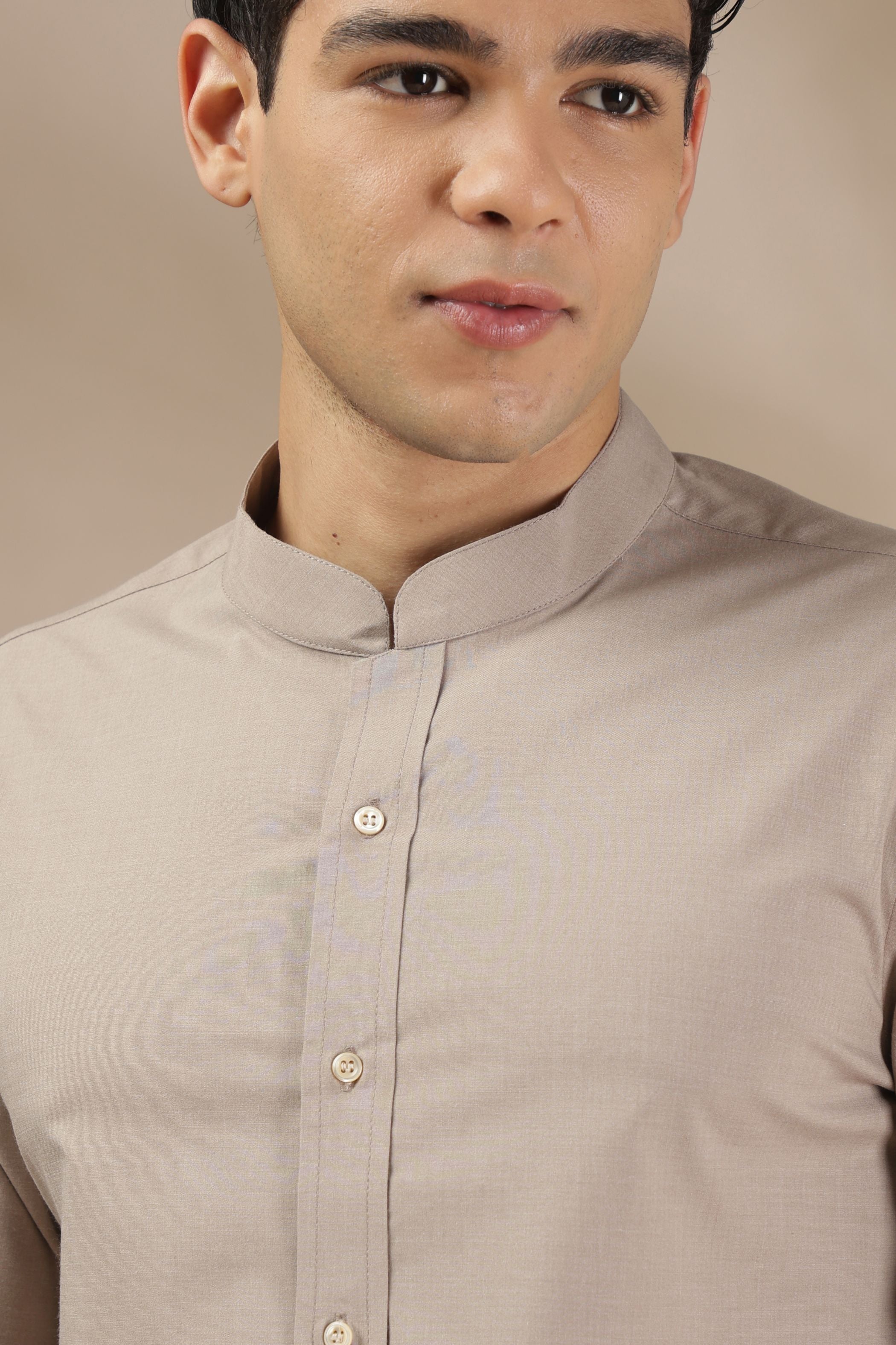 Soft Beige Muscle Fit Chinese Collar Shirt