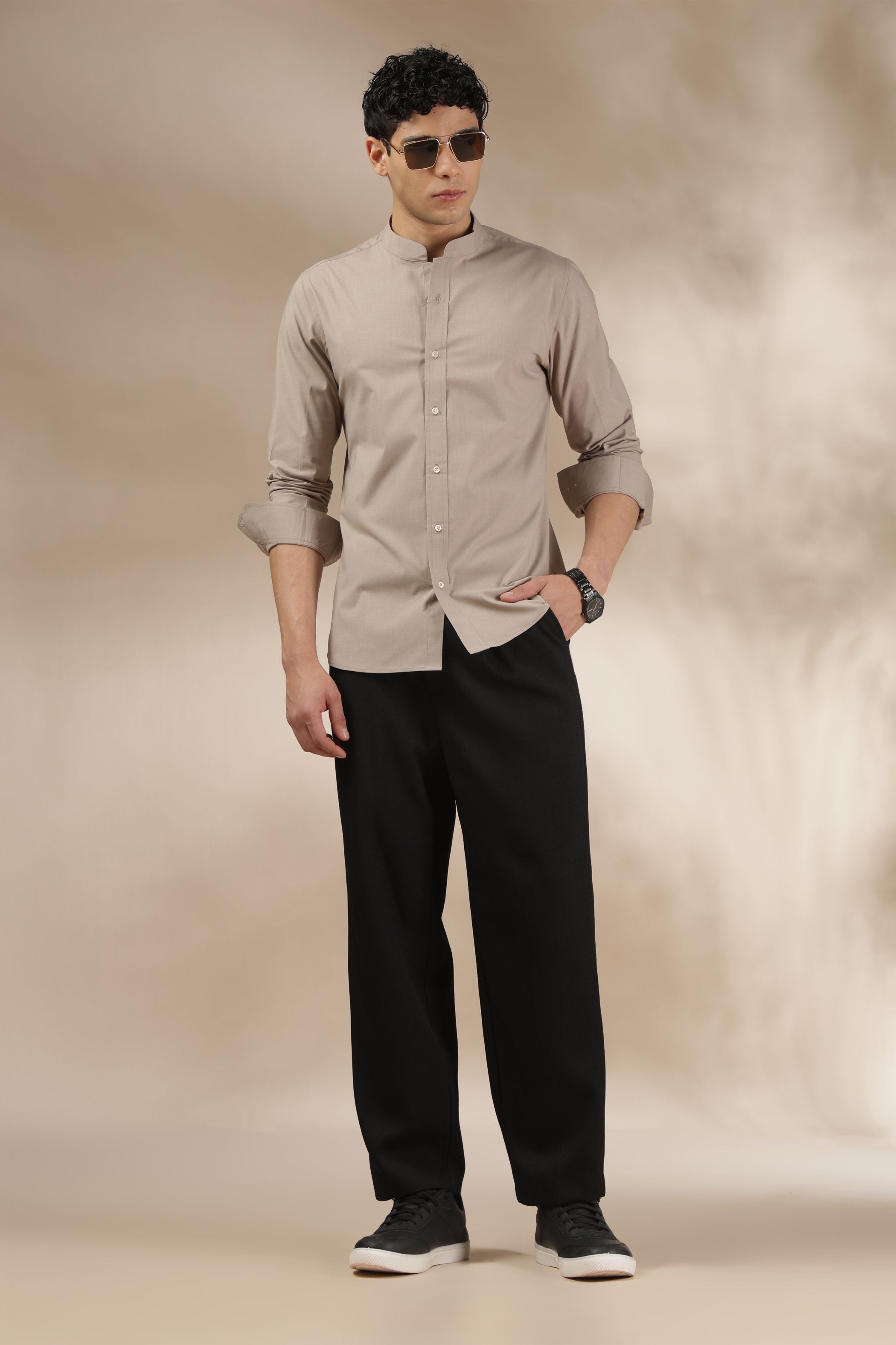 Soft Beige Muscle Fit Chinese Collar Shirt