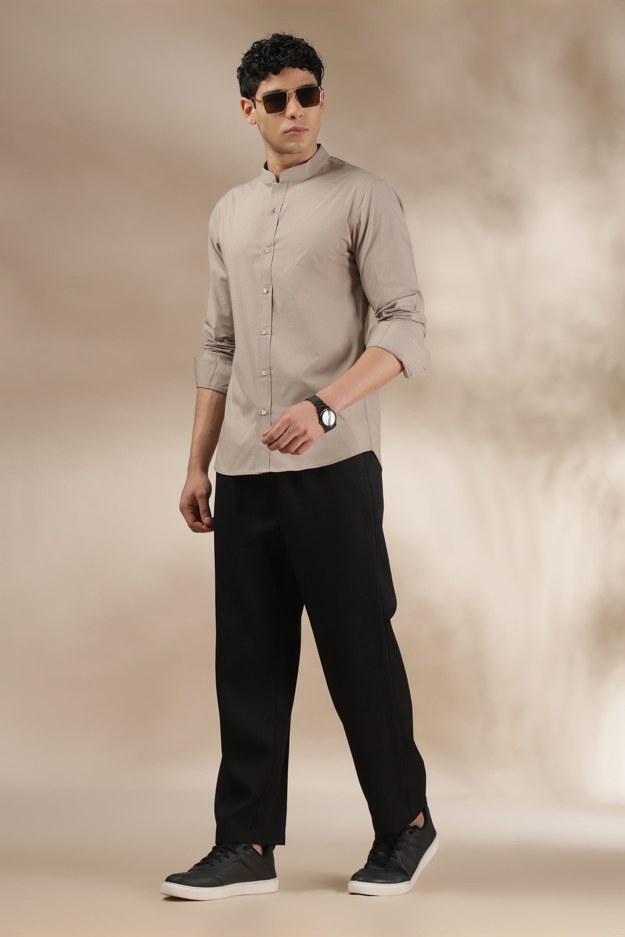 Soft Beige Muscle Fit Chinese Collar Shirt