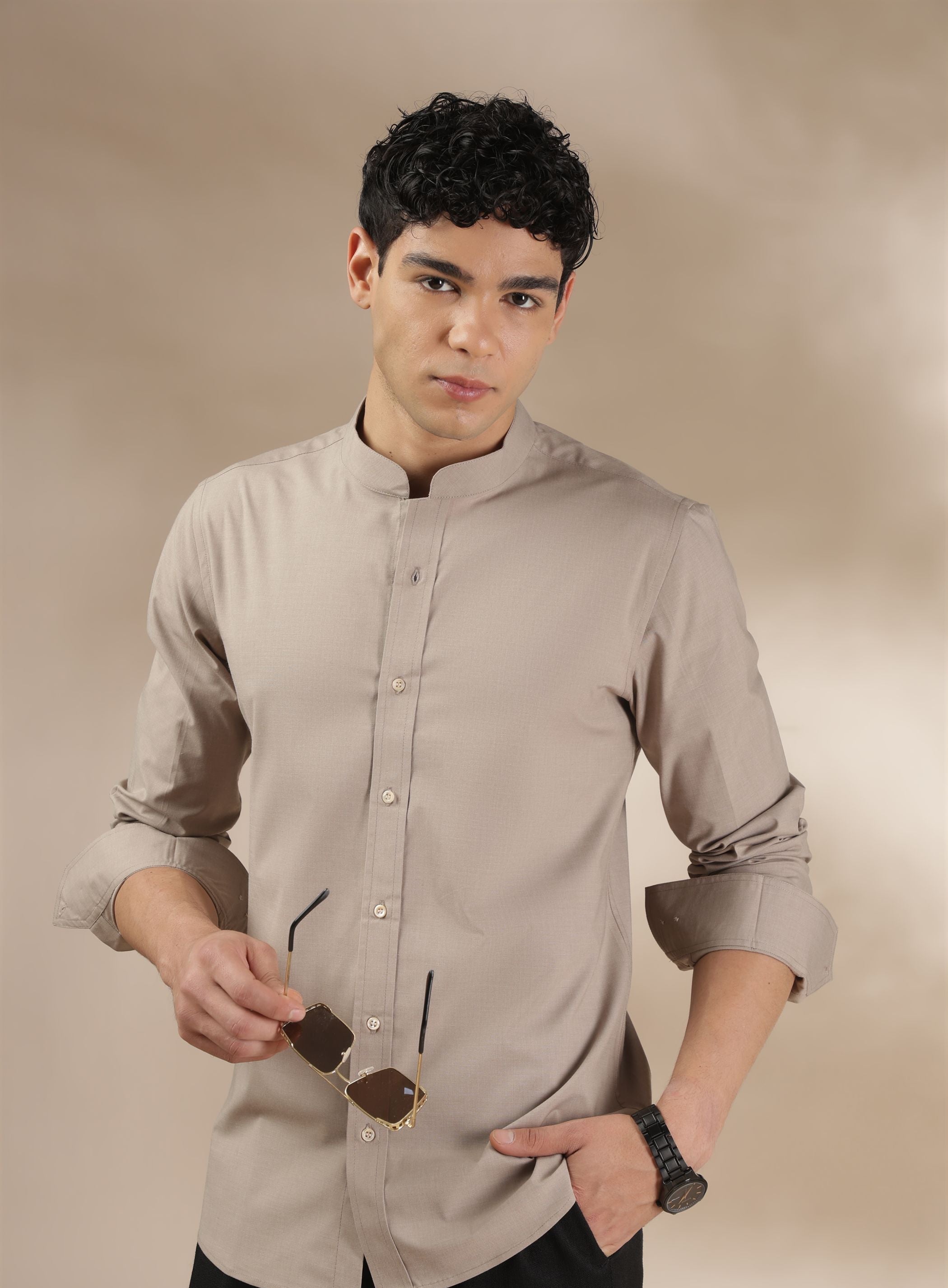 Soft Beige Muscle Fit Chinese Collar Shirt