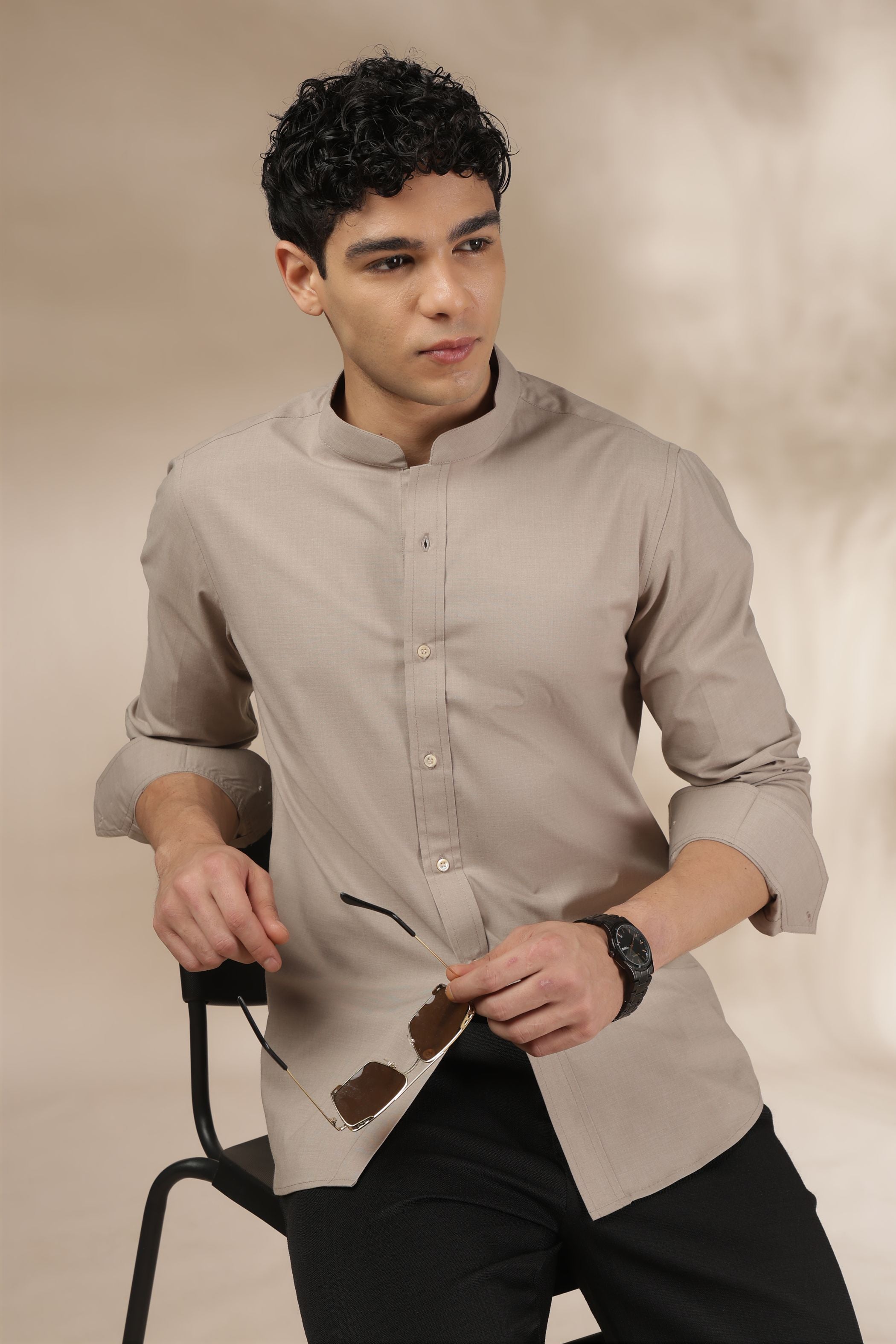 Soft Beige Muscle Fit Chinese Collar Shirt