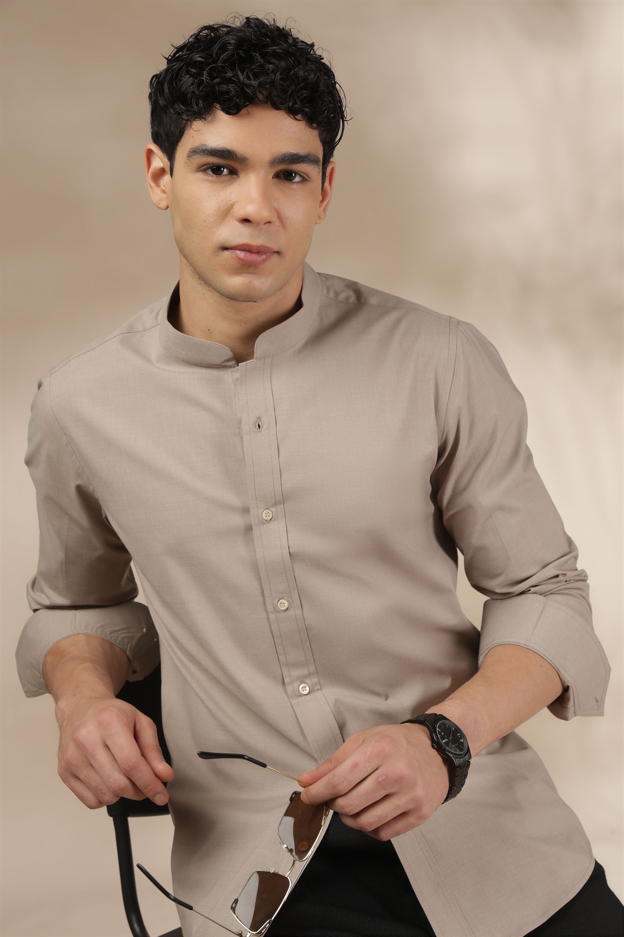 Soft Beige Muscle Fit Chinese Collar Shirt