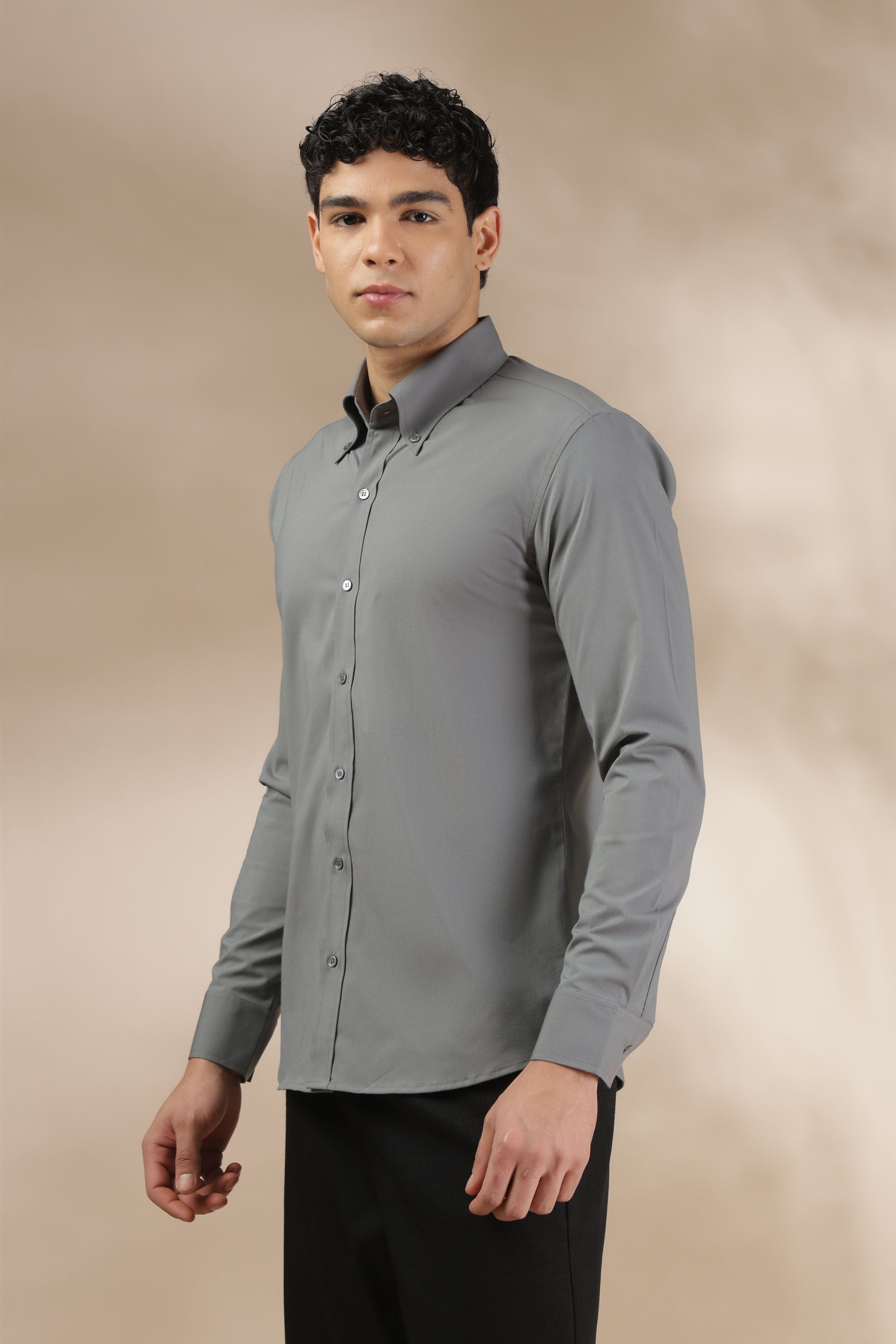 Dark Grey Muscle Fit Button Down Collar Shirt