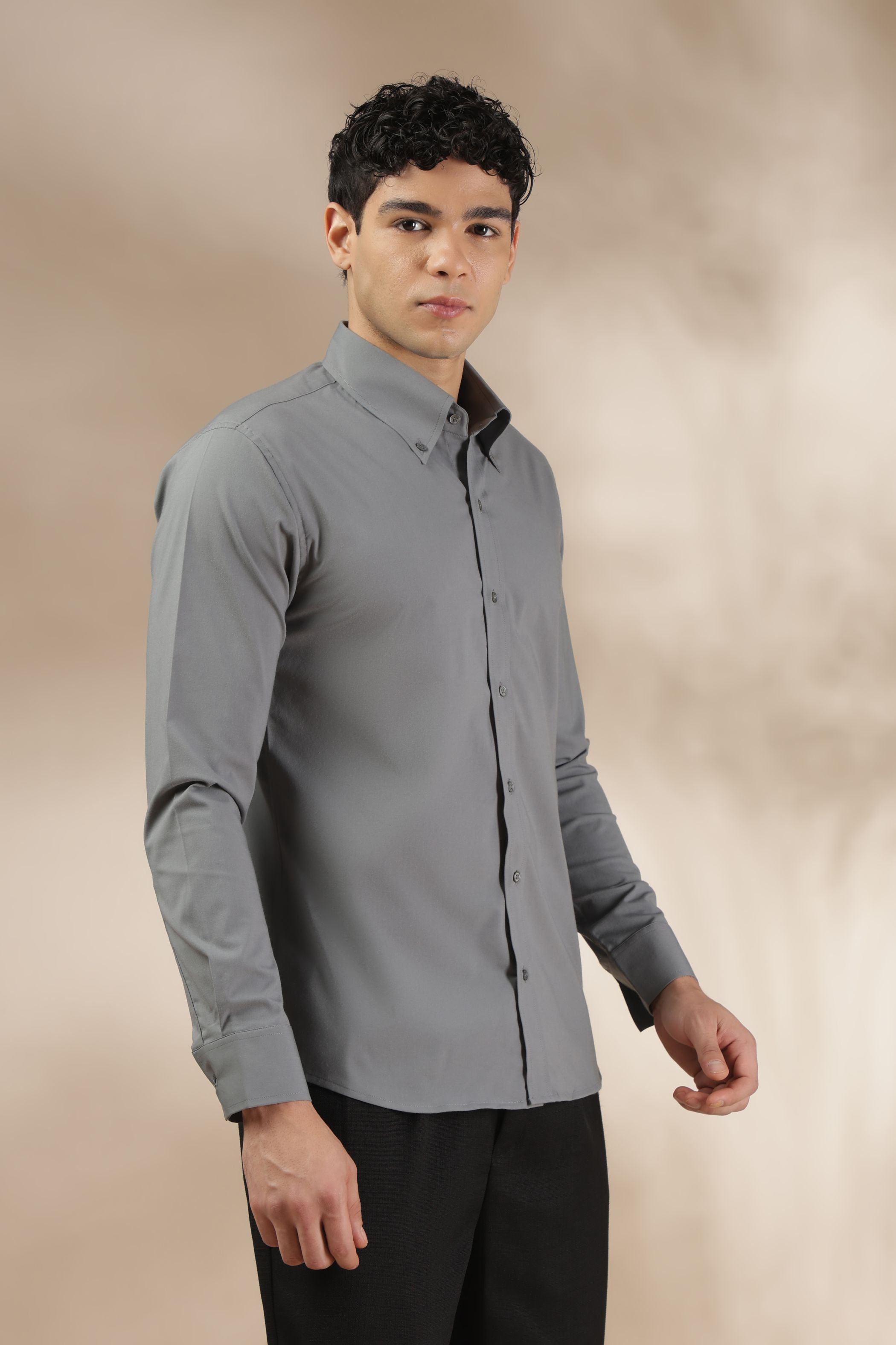 Dark Grey Muscle Fit Button Down Collar Shirt