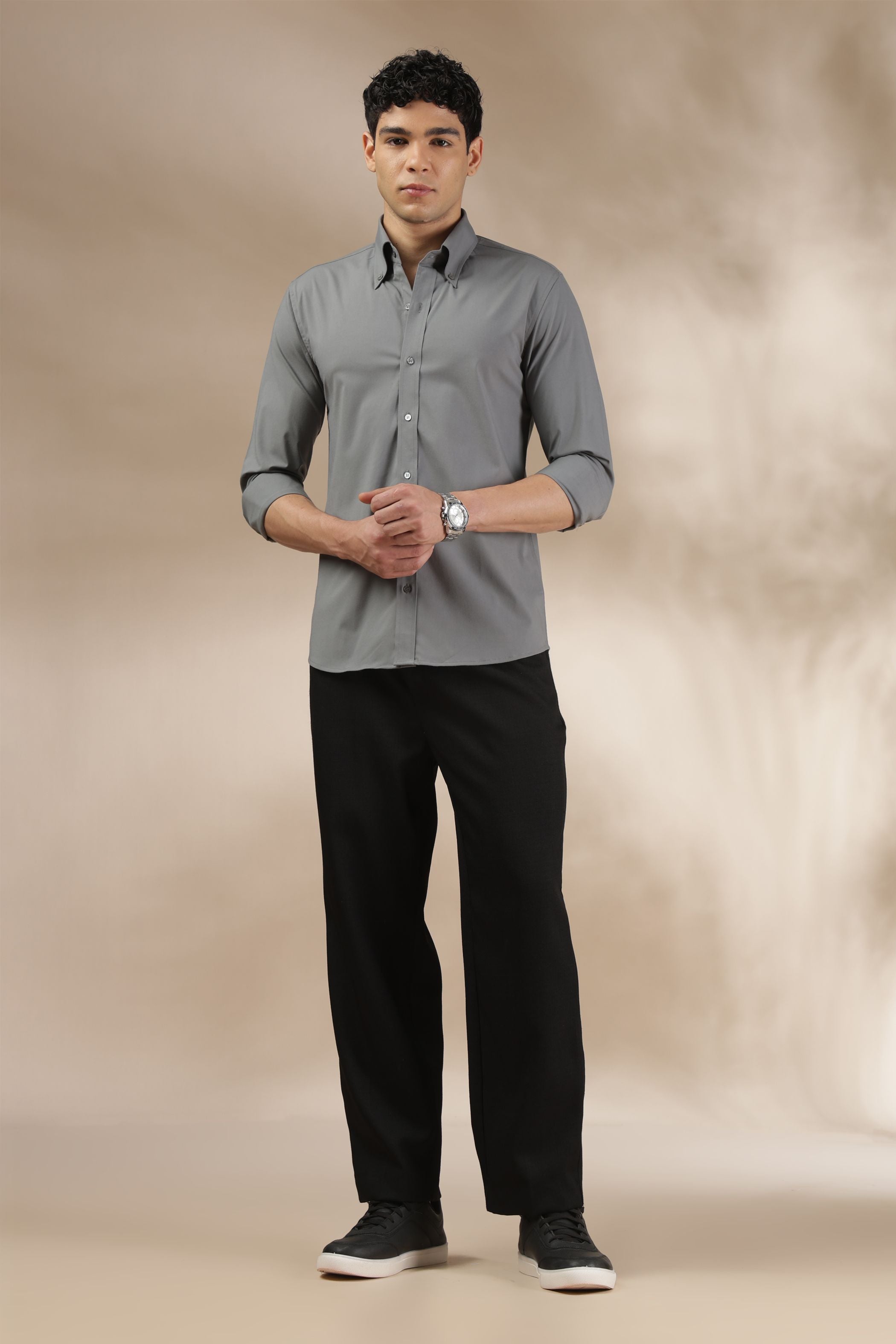 Dark Grey Muscle Fit Button Down Collar Shirt