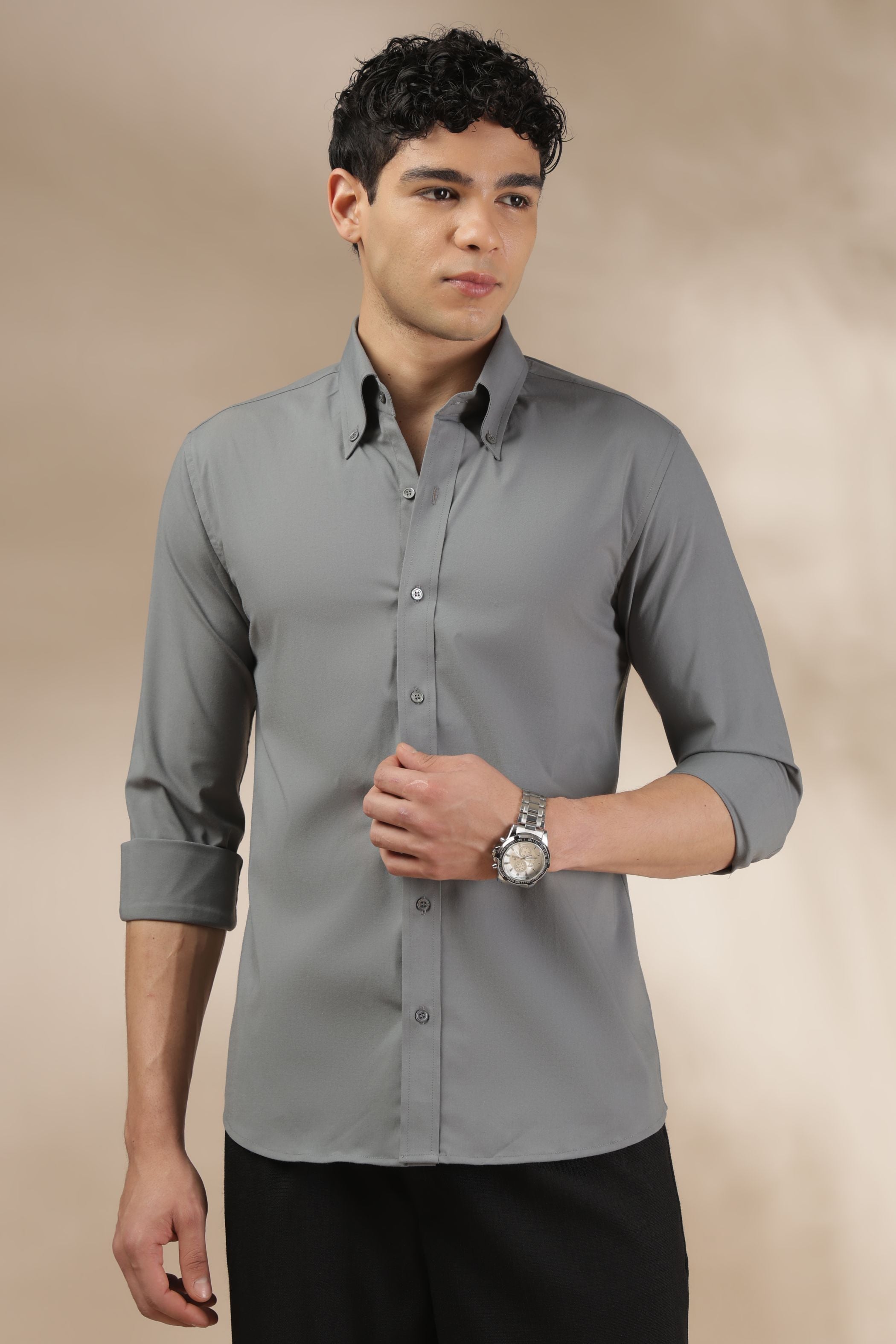 Dark Grey Muscle Fit Button Down Collar Shirt