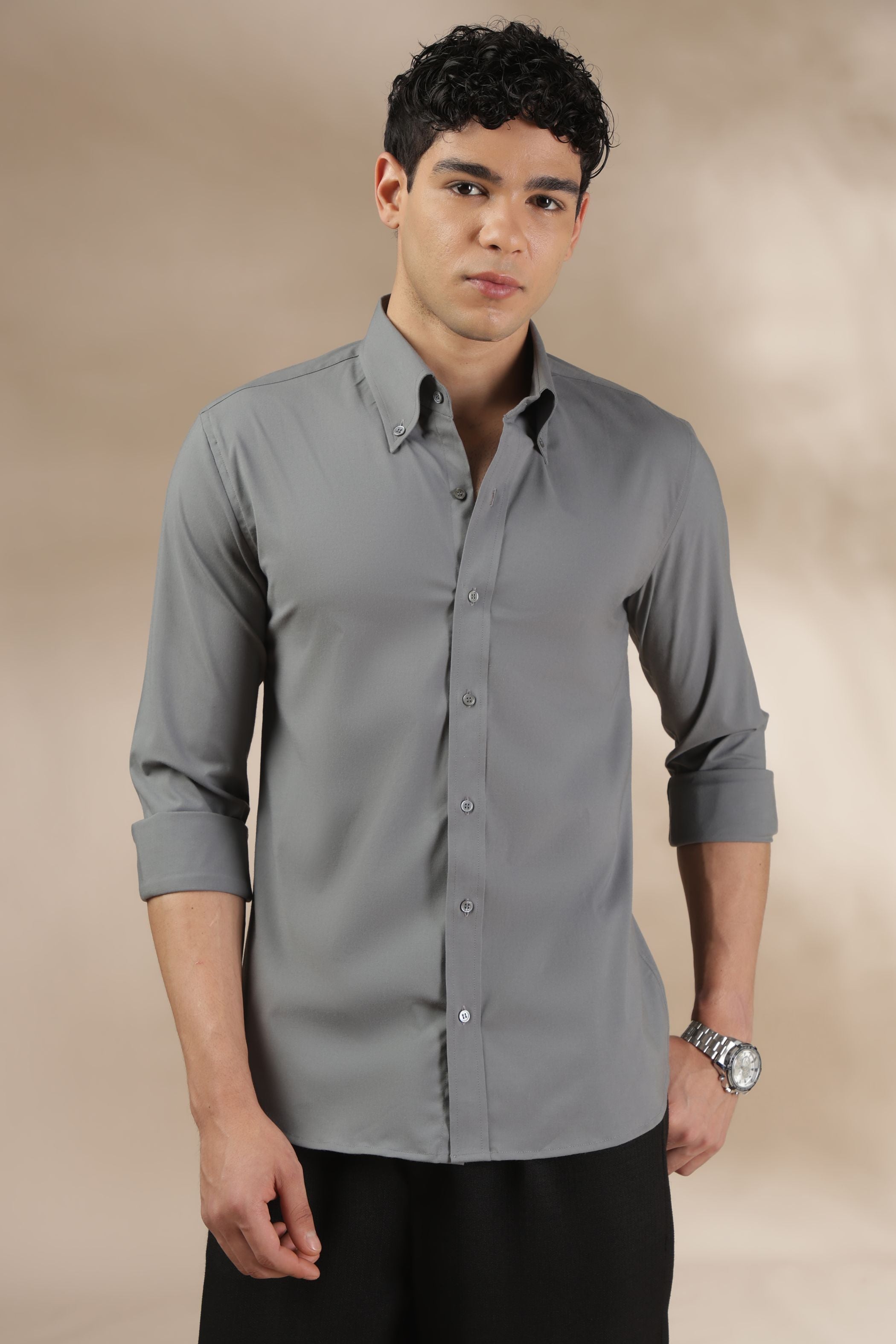 Dark Grey Muscle Fit Button Down Collar Shirt