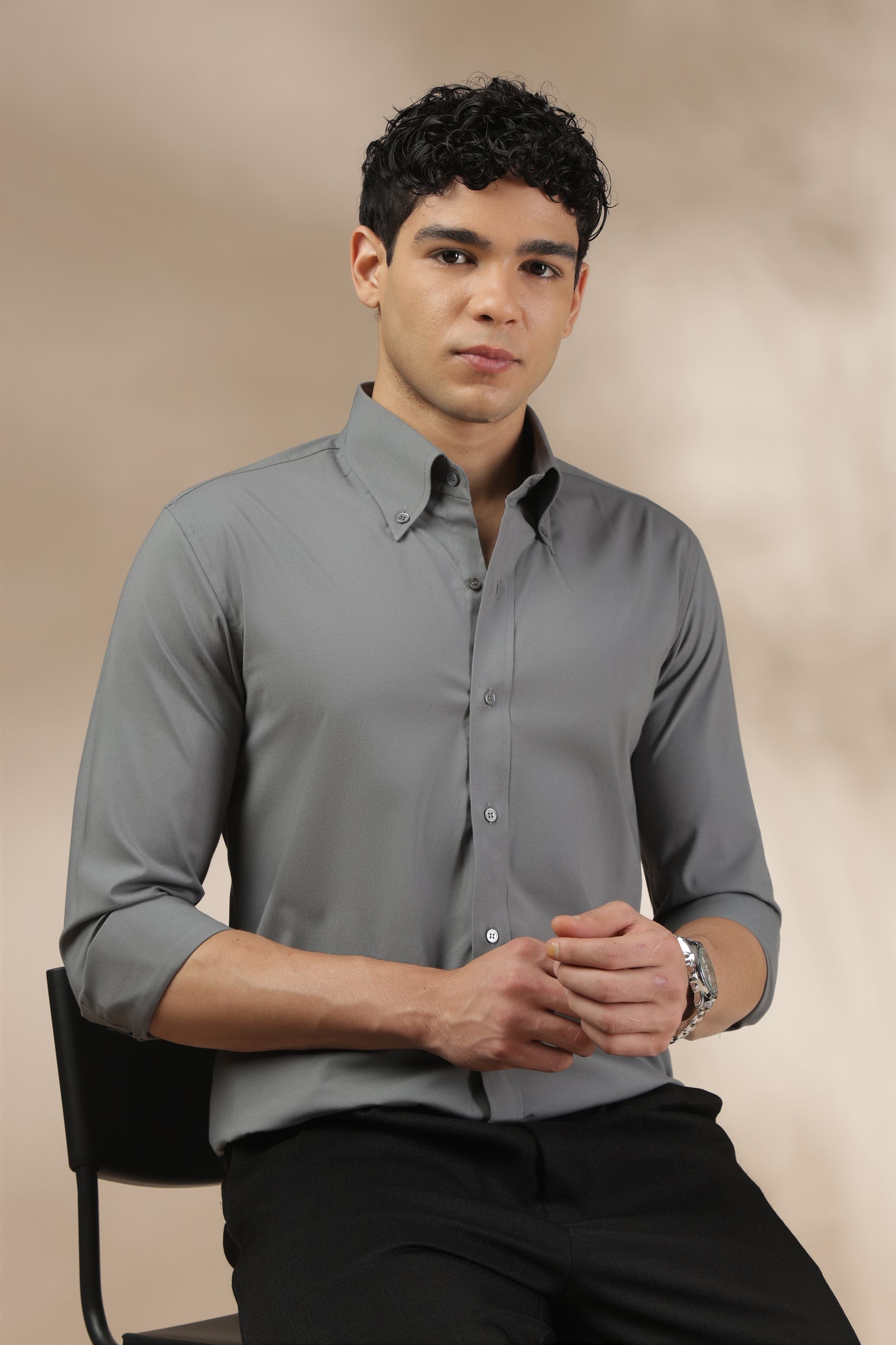 Dark Grey Muscle Fit Button Down Collar Shirt