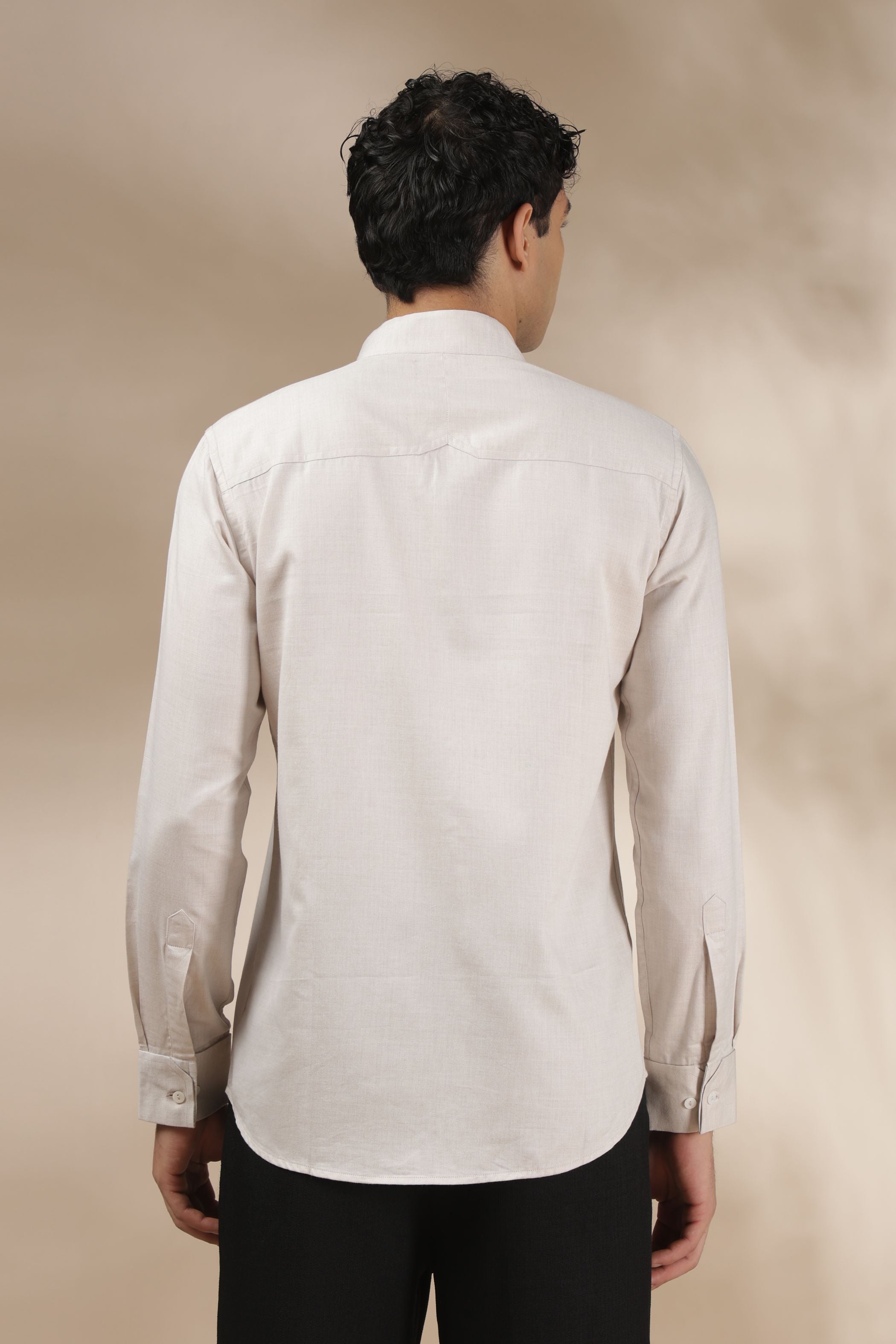 Light Beige Band Collar Relax Fit Shirt