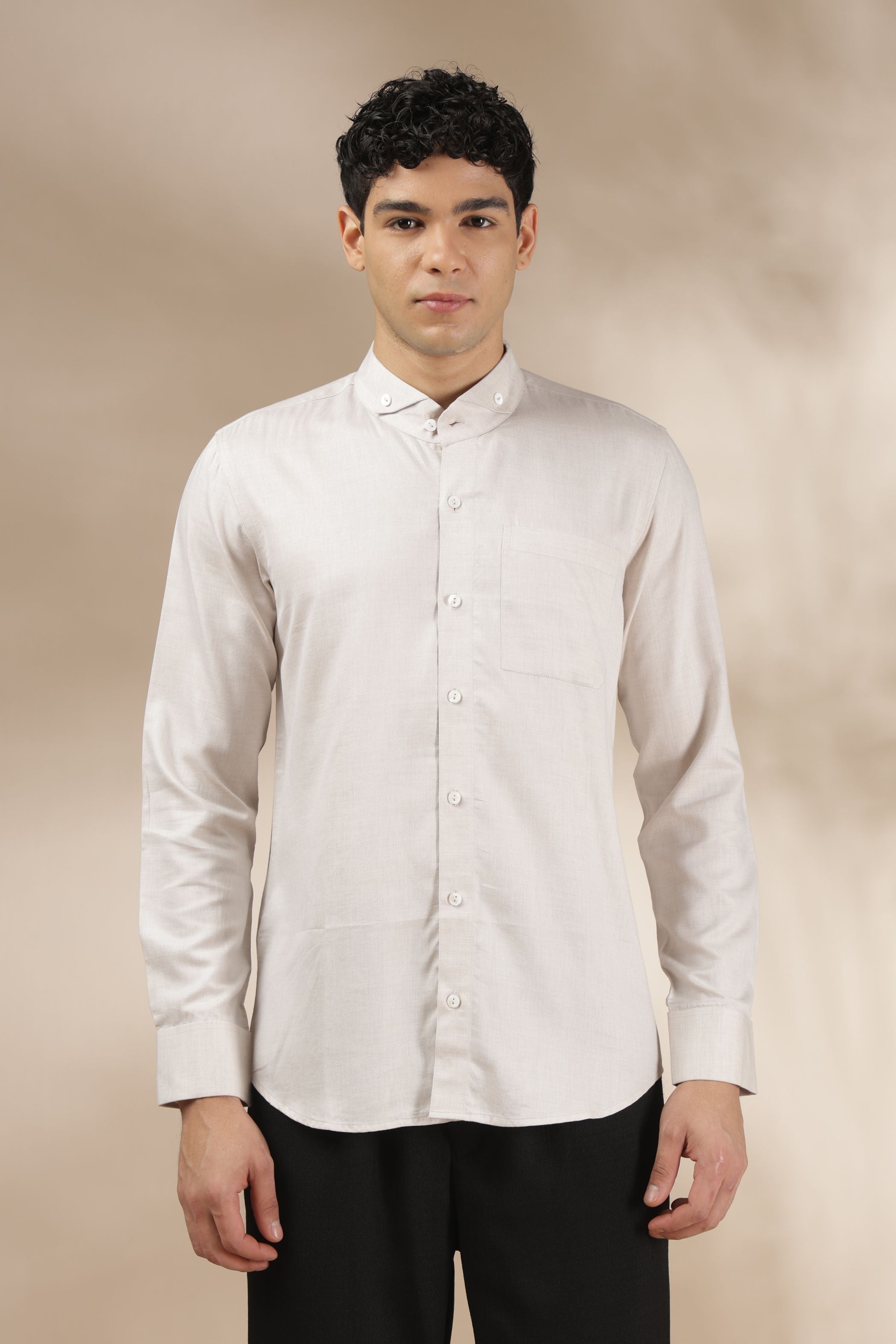 Light Beige Band Collar Relax Fit Shirt