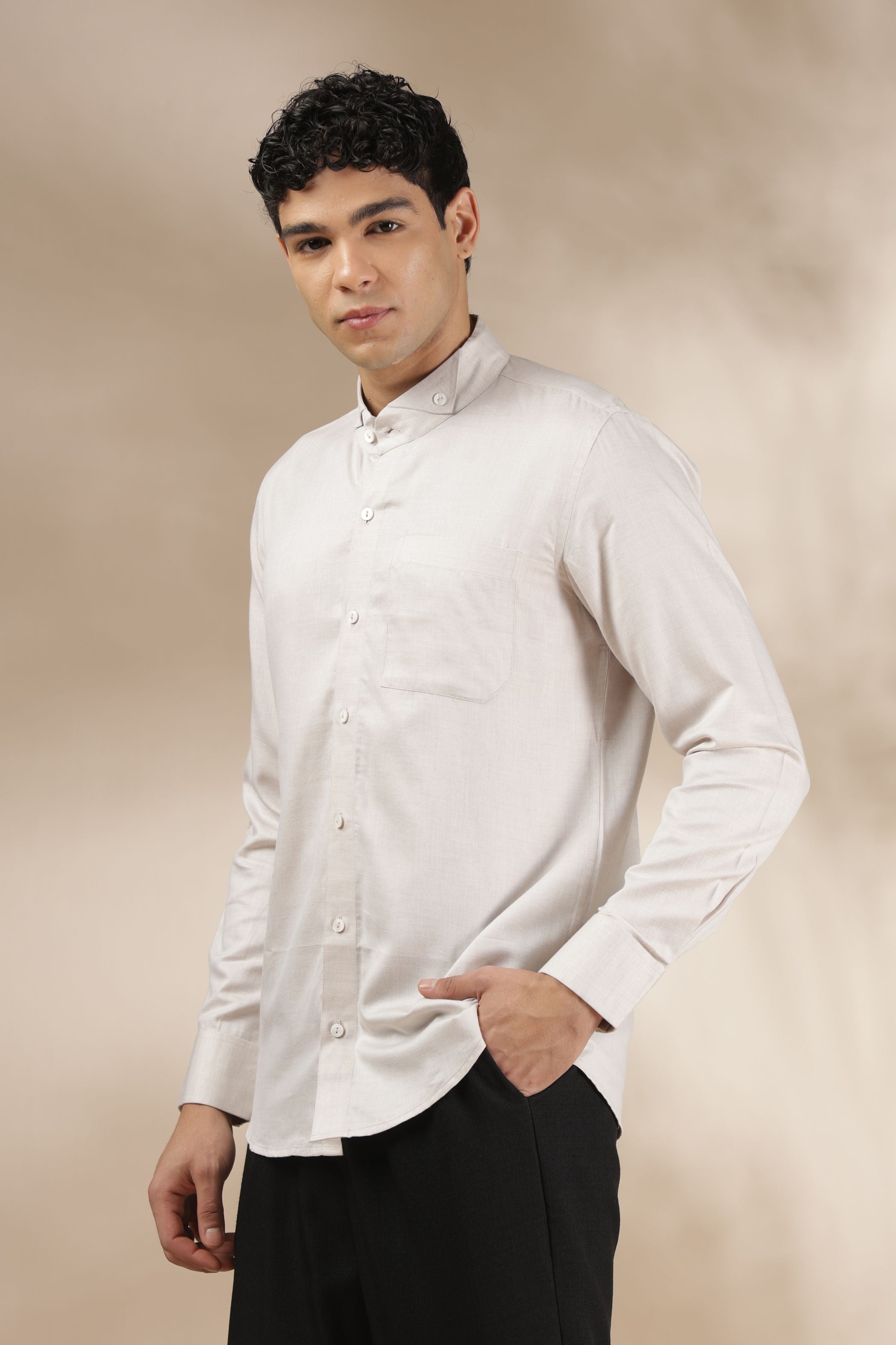 Light Beige Band Collar Relax Fit Shirt