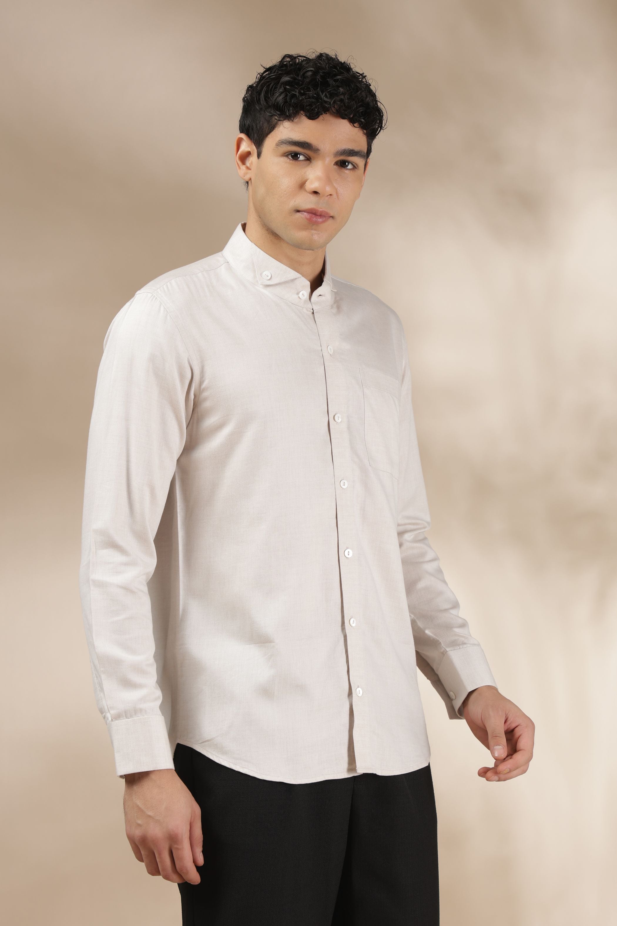 Light Beige Band Collar Relax Fit Shirt