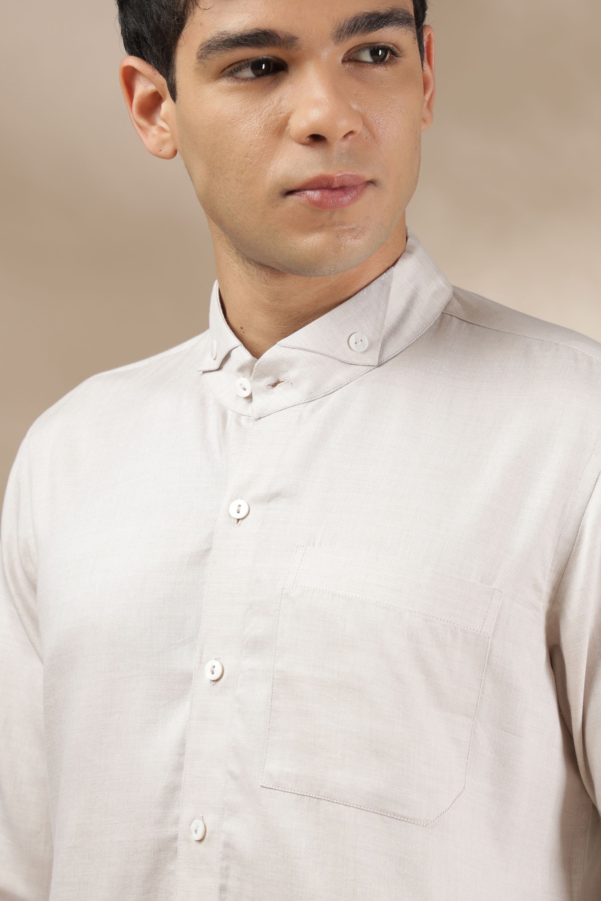 Light Beige Band Collar Relax Fit Shirt
