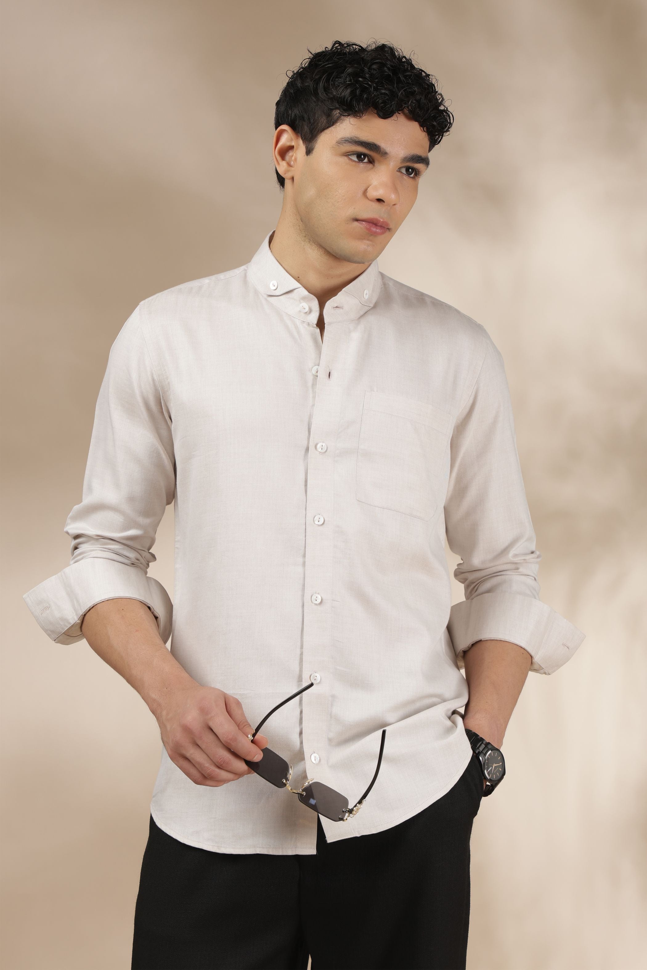 Light Beige Band Collar Relax Fit Shirt