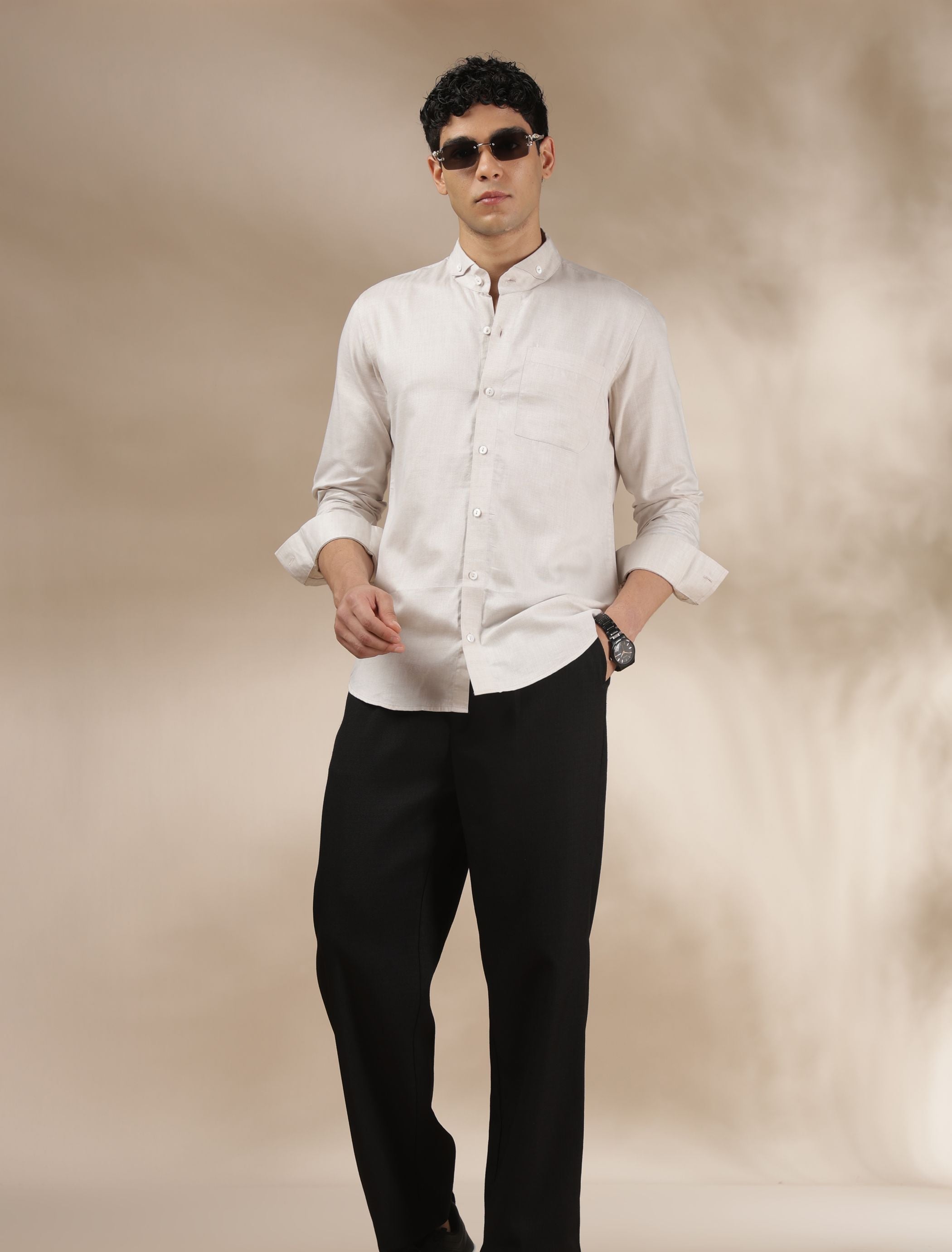 Light Beige Band Collar Relax Fit Shirt