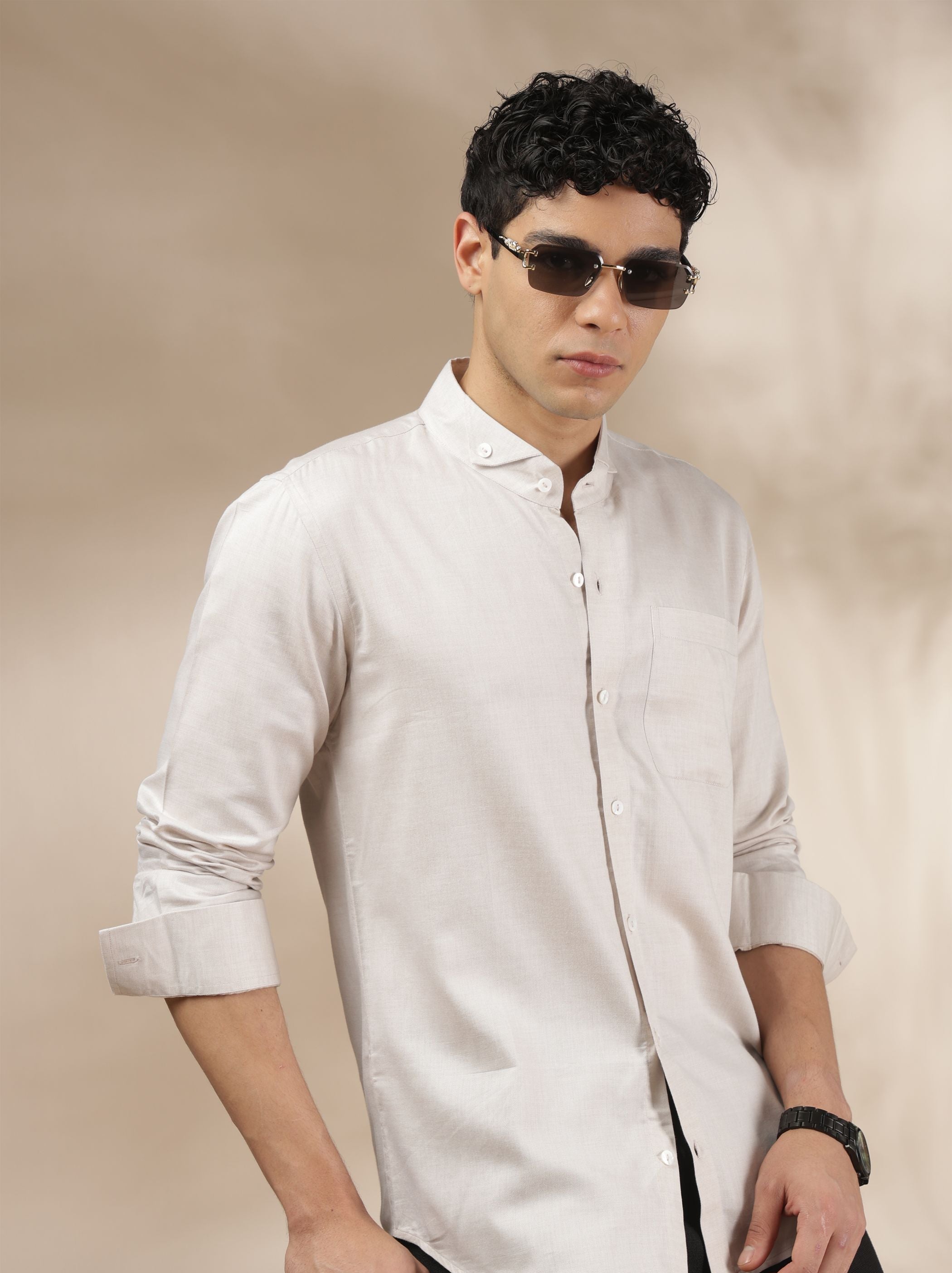 Light Beige Band Collar Relax Fit Shirt